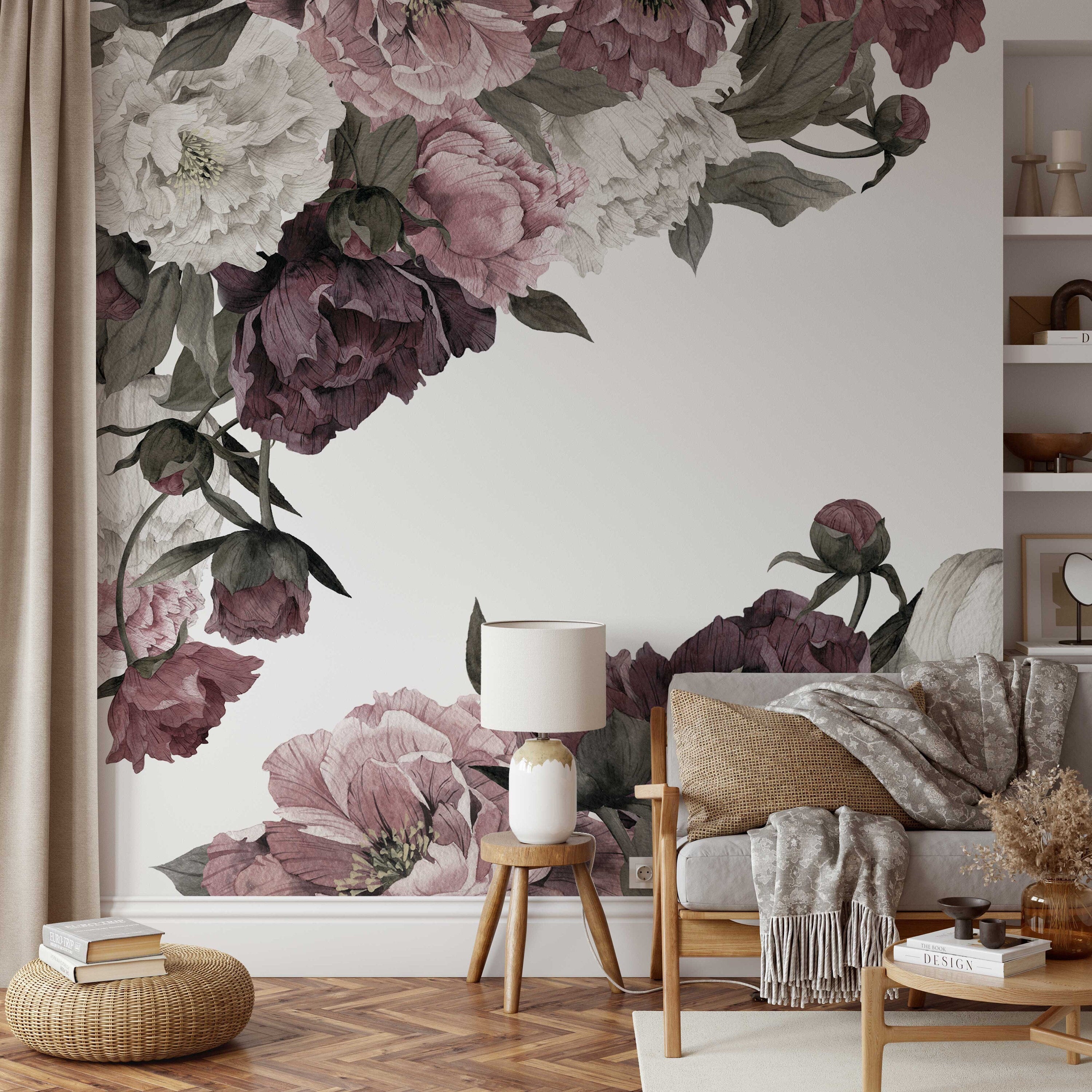 Classic Peonies Wall Art Removable Wallpaper Peony Bouquet Floral Wall Mural Peony Painting Wall Sticker Floral Decal Flower