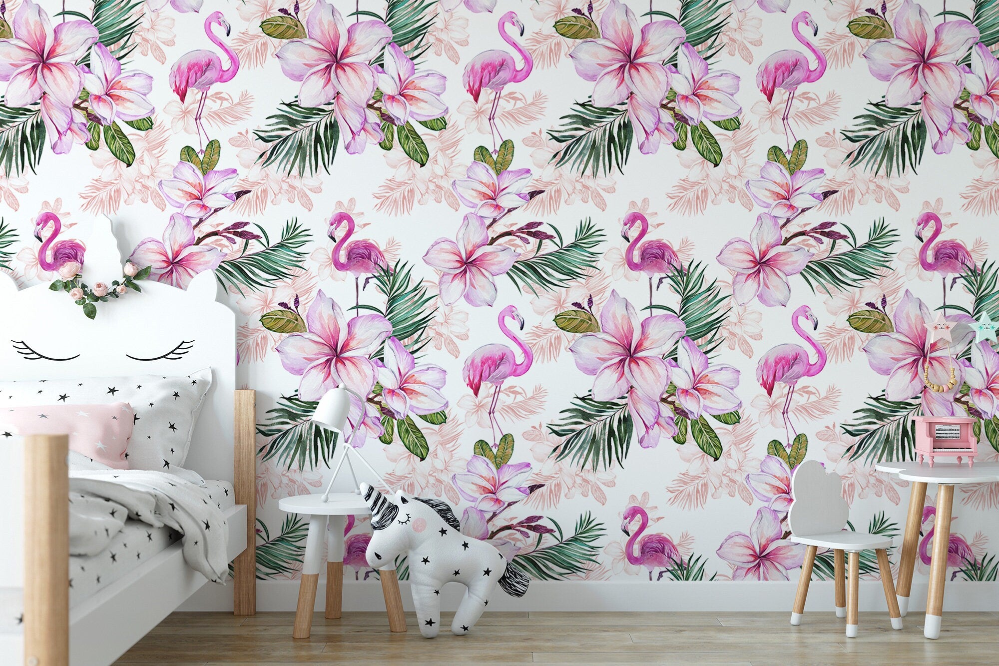 Pink Flamingo Floral Wallpaper | Pink Nursery Peel and Stick Removable Wallpaper | Baby Girl Blushing Pink Flamingo & Floral Décor - Clickwalls