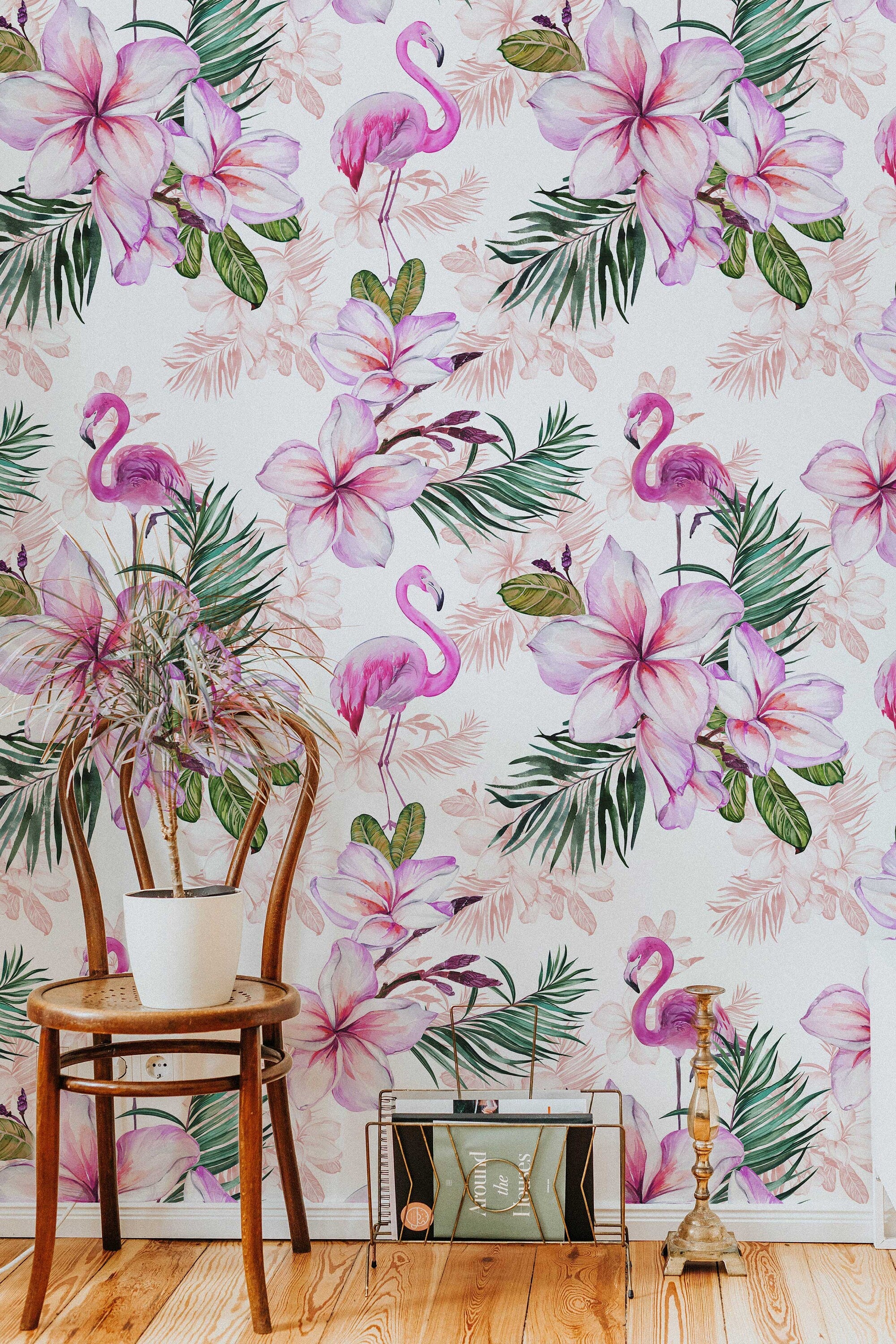 Pink Flamingo Floral Wallpaper | Pink Nursery Peel and Stick Removable Wallpaper | Baby Girl Blushing Pink Flamingo & Floral Décor - Clickwalls