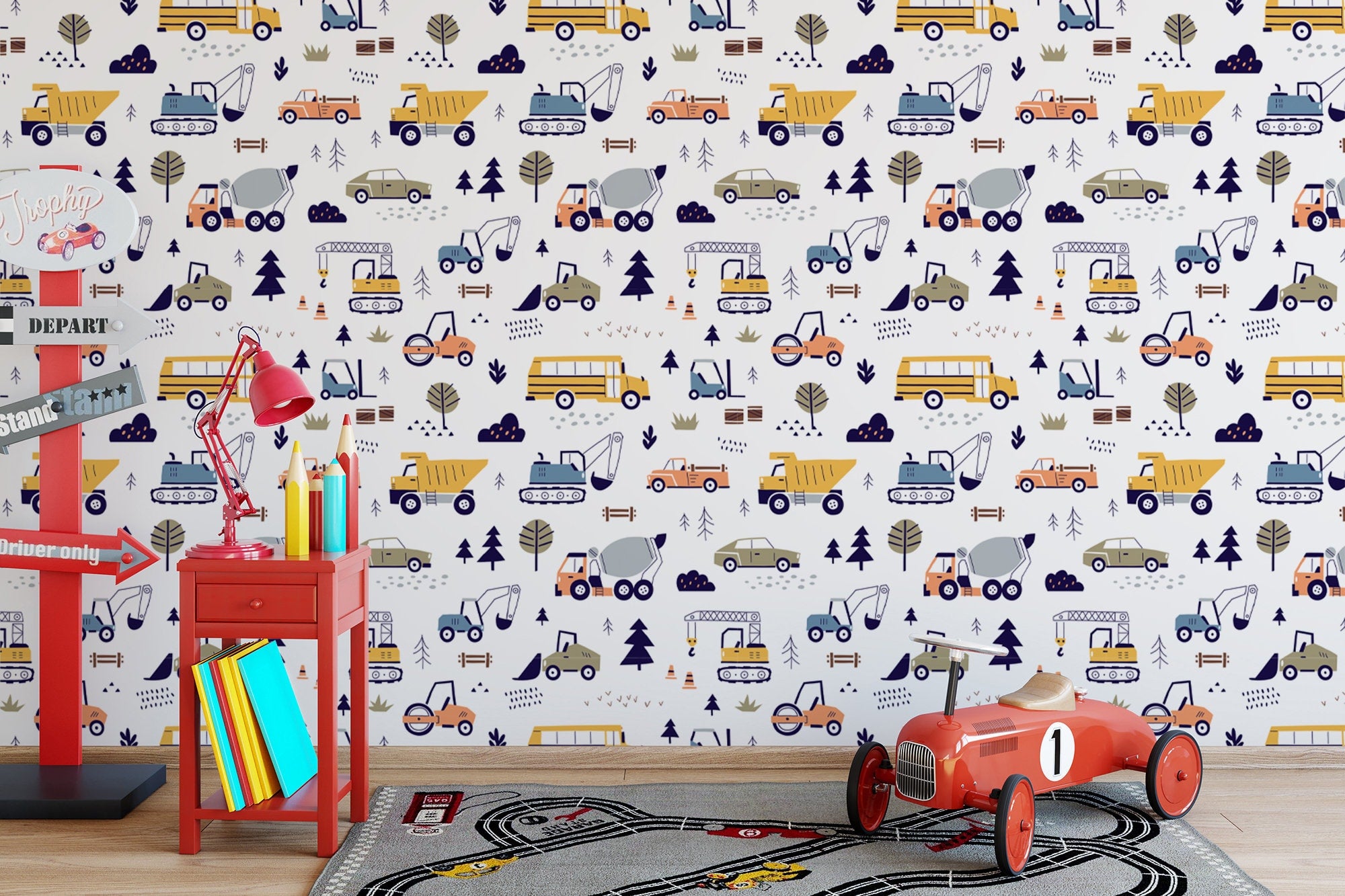 Cars and Trucks Nursery Wallpaper | Boys Wallpaper | Truck Wallpaper | Car Wallpaper | Bus Wallpaper | Wall Art | Peel and Stick - Clickwalls