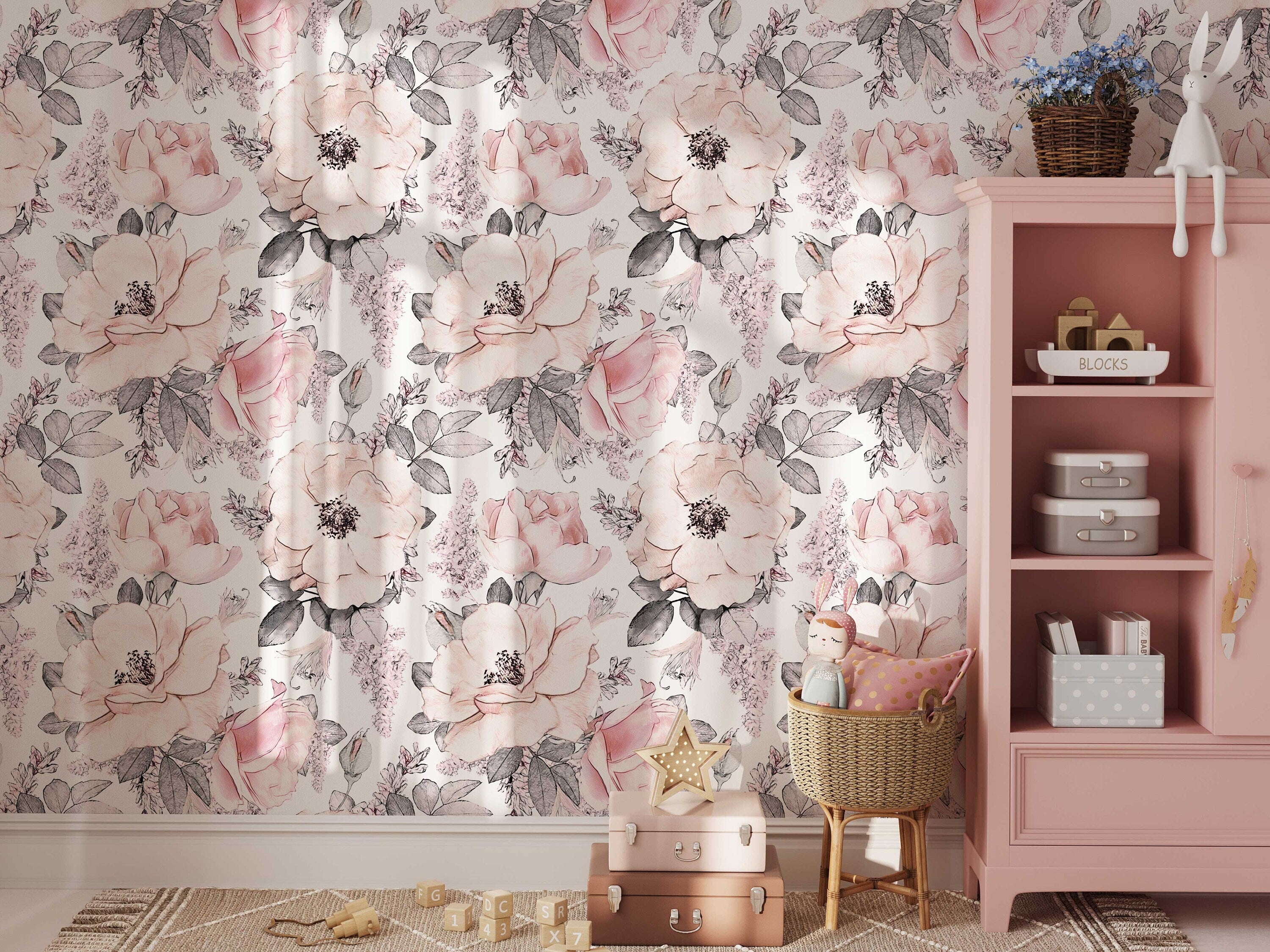 Soft Pink Abstract Roses Wallpaper | Floral Wallpaper Peel and Stick | Removable Wallpaper | Watercolor Wallpaper | Flower Wallpaper Mural - Clickwalls
