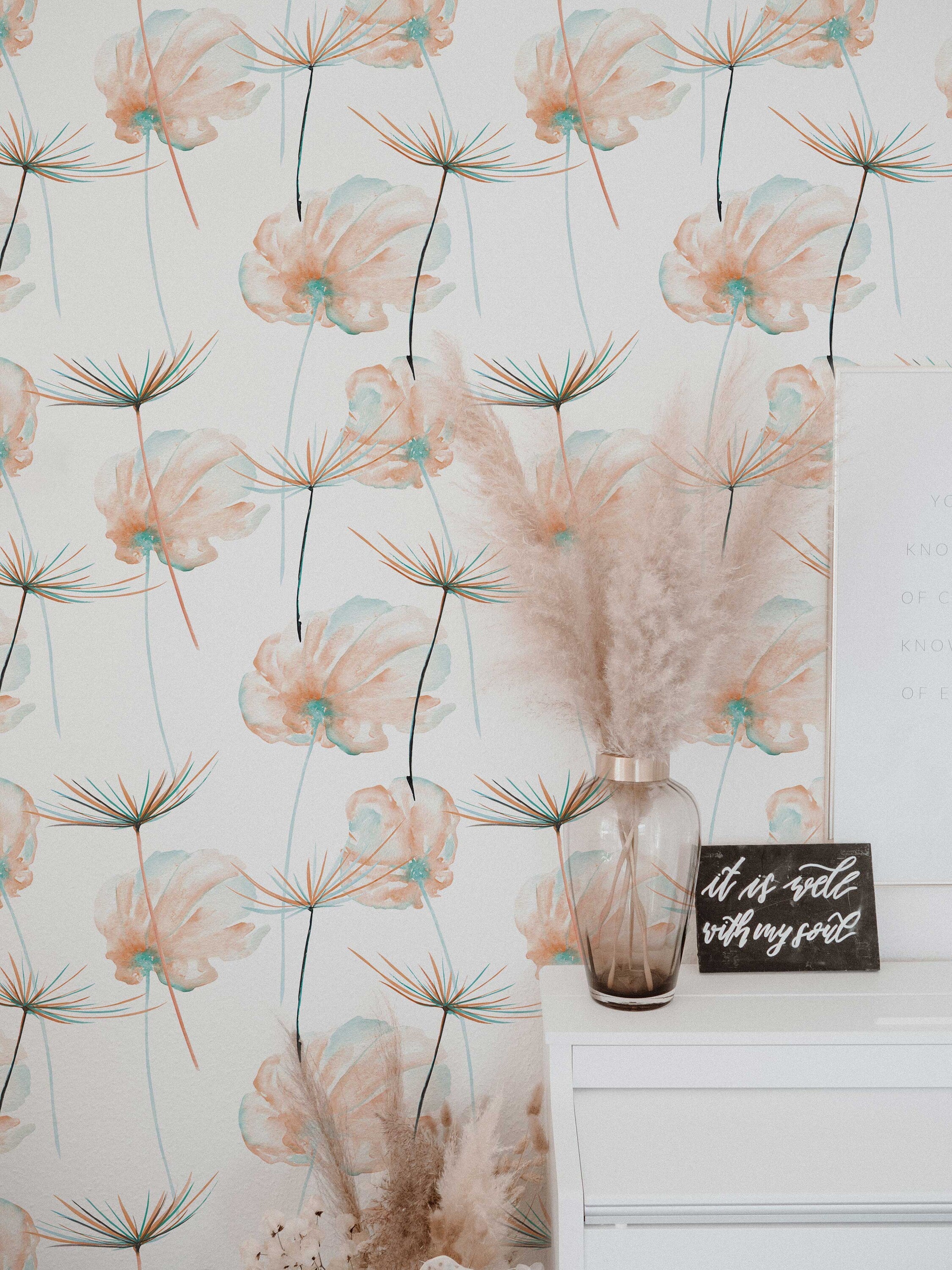 Dandelion Flowers Wallpaper | Custom Color Teal Floral Pattern | Peel and Stick Removable Wallpaper For All Rooms | Self Adhesive Mural - Clickwalls