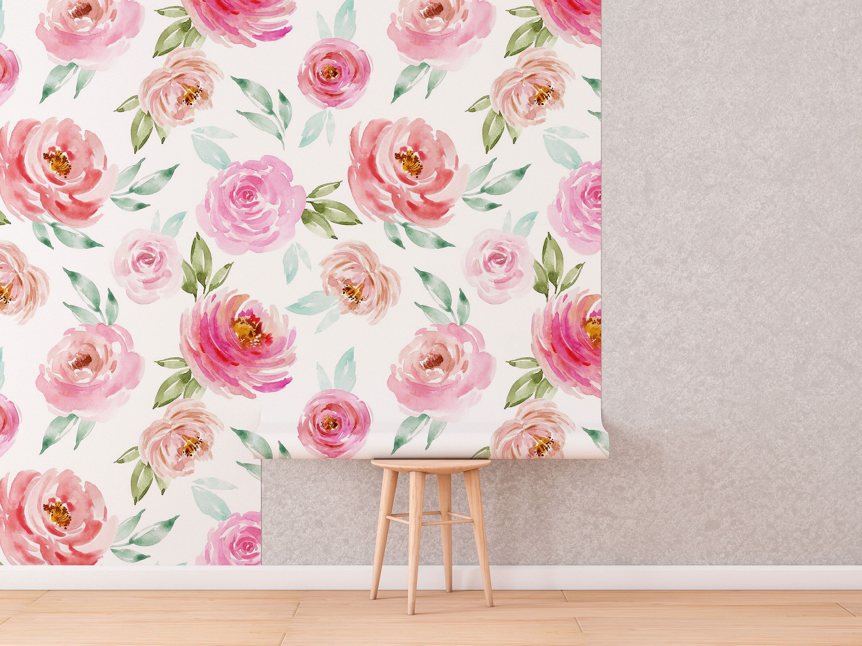 Soft Pink Roses Wallpaper | Floral Wallpaper Peel and Stick | Removable Wallpaper | Watercolor Wallpaper | Flower Wallpaper Mural - Clickwalls