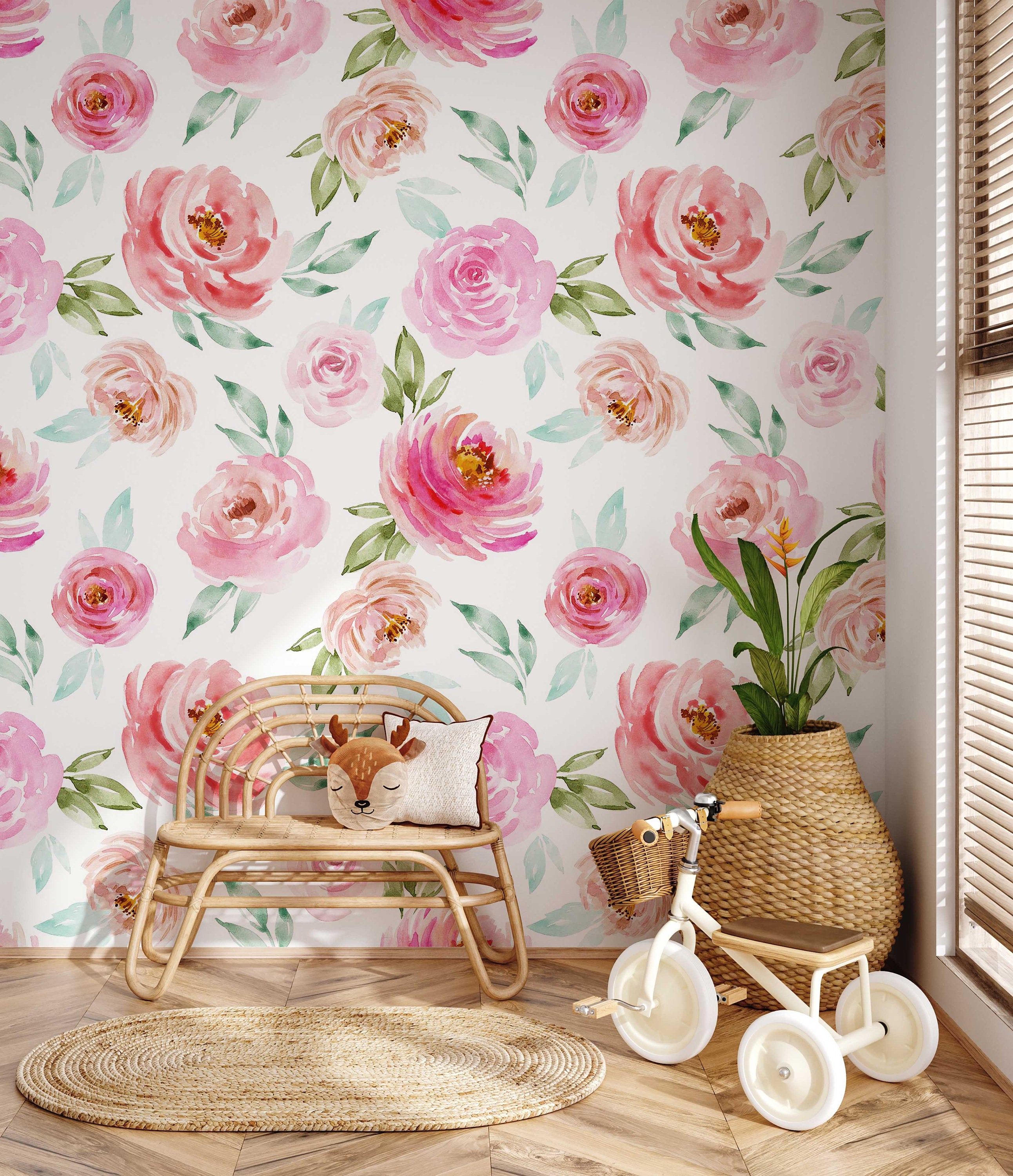 Soft Pink Roses Wallpaper | Floral Wallpaper Peel and Stick | Removable Wallpaper | Watercolor Wallpaper | Flower Wallpaper Mural - Clickwalls