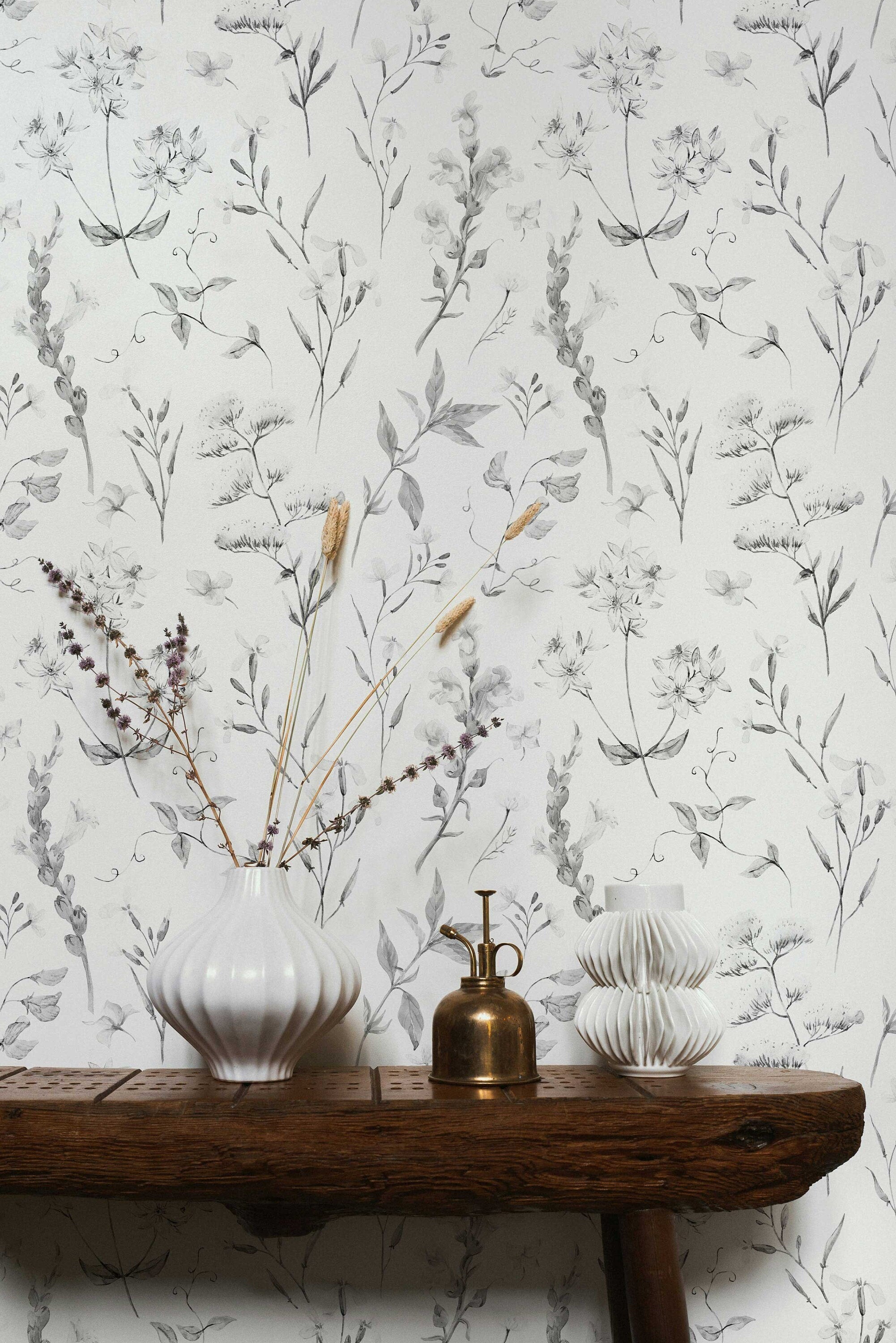 Delicate Wildflowers Wallpaper | Soft Shades of Grey Floral Pattern Peel and Stick Removable Wallpaper All Rooms | Self Adhesive Mural - Clickwalls
