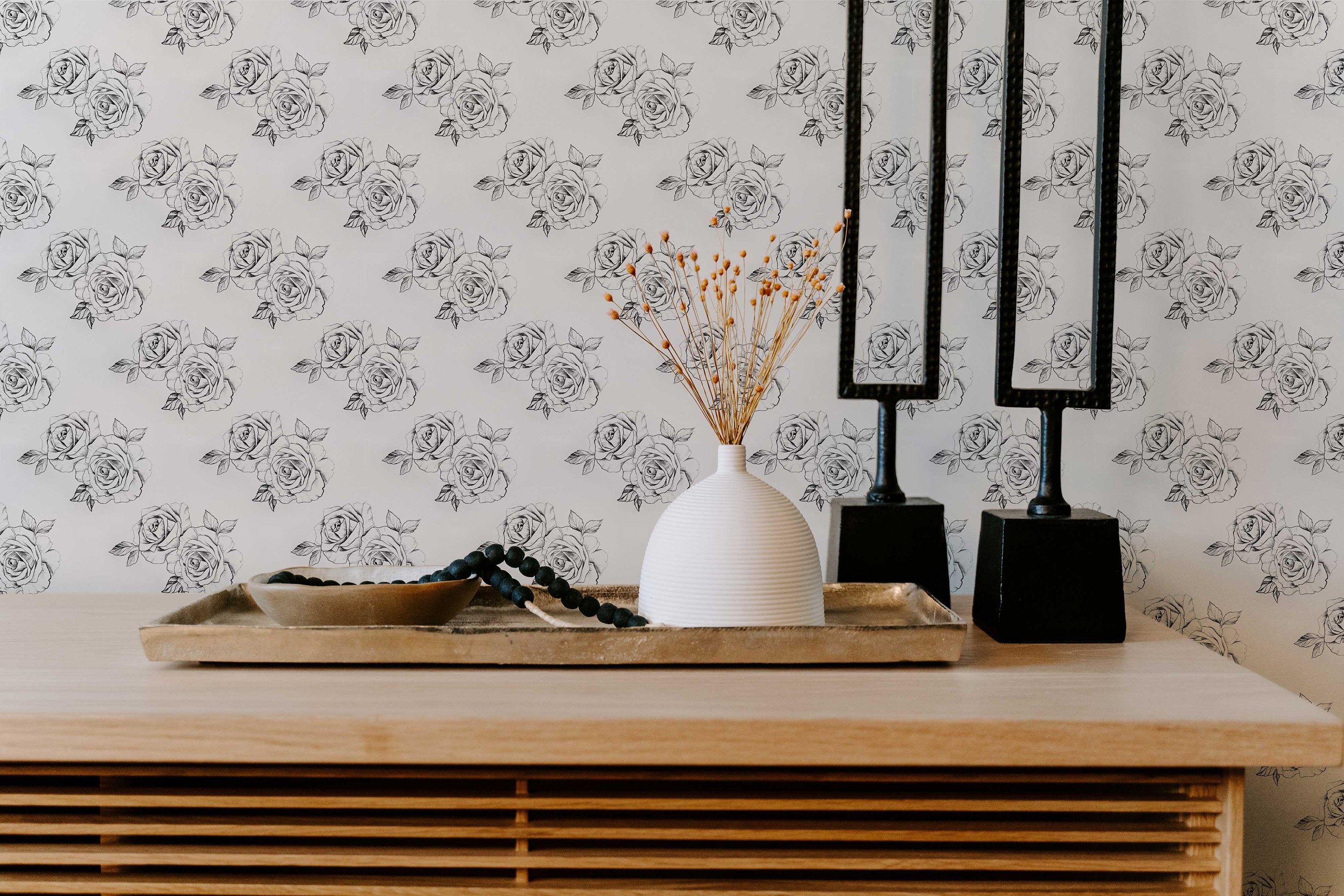 Sketch Rose Peel And Stick Wallpaper | Sketch Floral Self Adhesive Wall Mural | Black and White Roses Wallpaper - Clickwalls