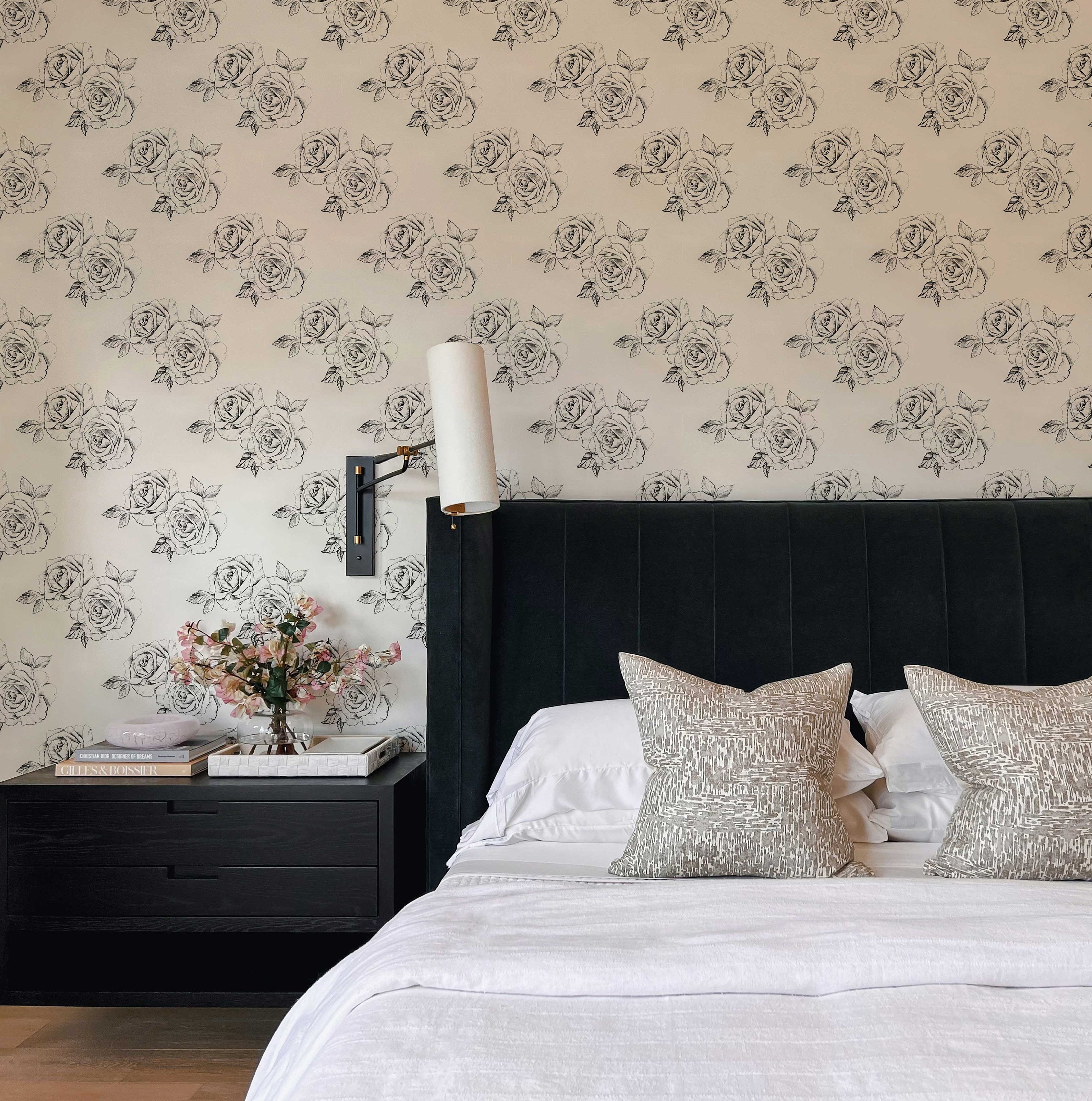 Sketch Rose Peel And Stick Wallpaper | Sketch Floral Self Adhesive Wall Mural | Black and White Roses Wallpaper - Clickwalls