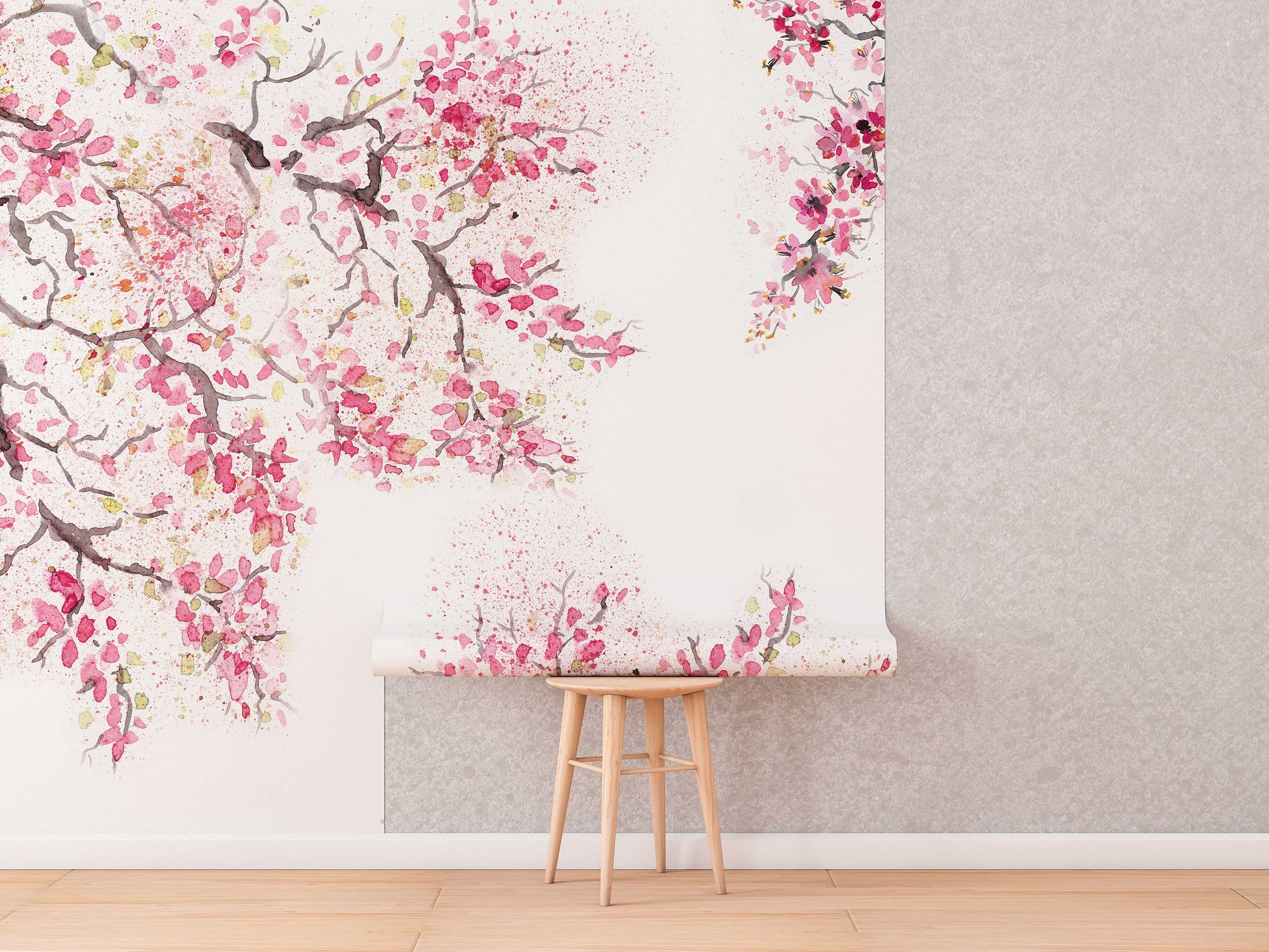 Spring Cherry Blossom Removable Wallpaper | Watercolor Wall Mural | Peel and Stick Wallmural | Floral Mural | Wall Murals - Clickwalls