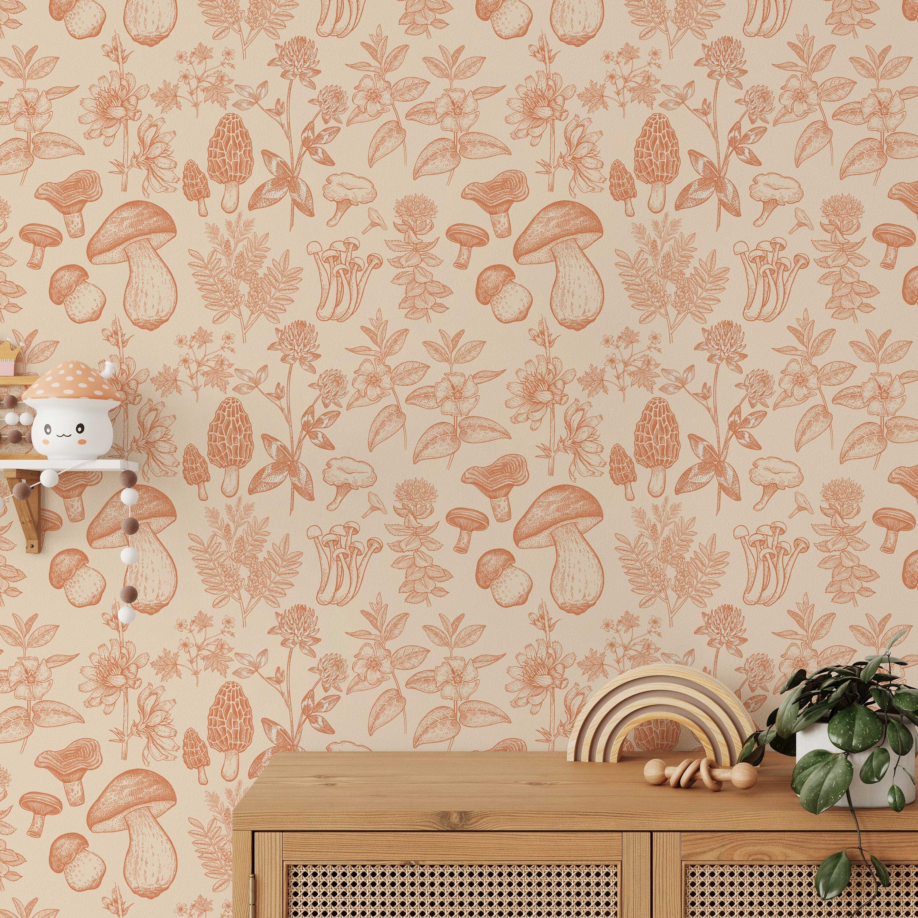 Mushroom Wallpaper | Orange Wallpaper | Mid Century Modern Wallpaper | Kids Mushroom Peel and Stick Wallpaper | Vintage Wallpaper - Clickwalls