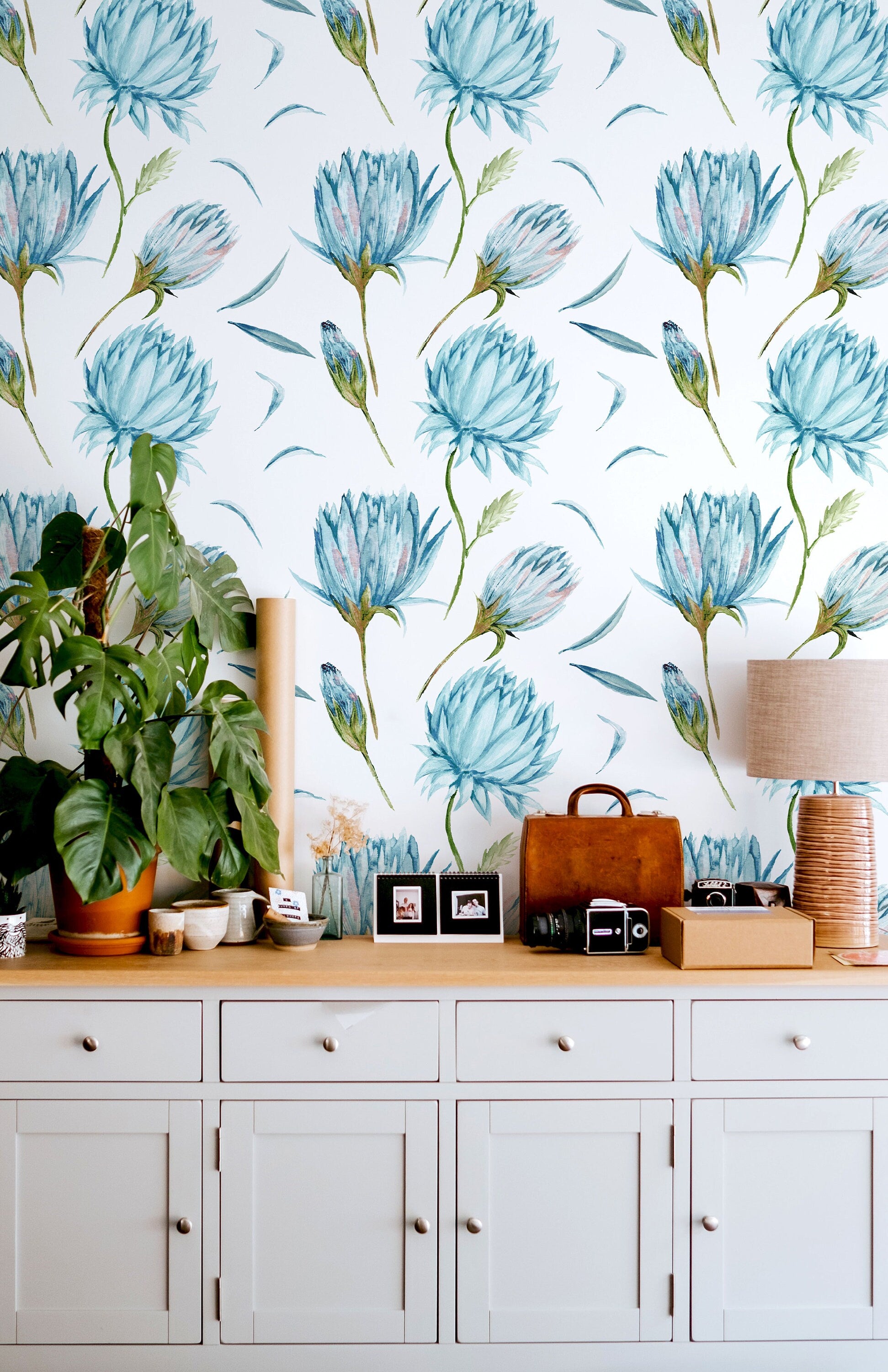 Blue Flowers Wallpaper | Green Leaves Nature Wall Art | Removable Wallpaper | Peel and Stick Wallpaper | Light Wallpaper | Home Decor - Clickwalls