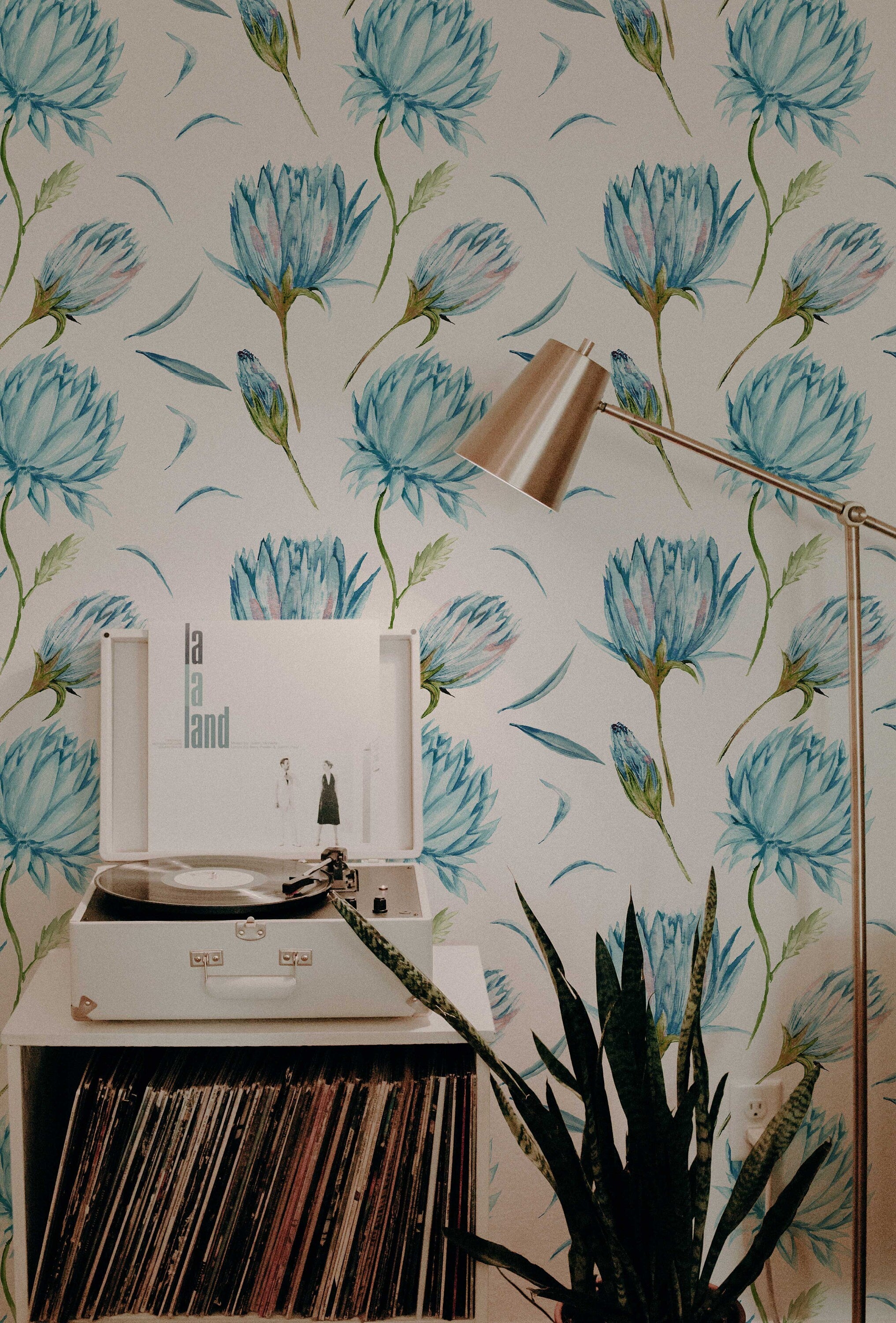 Blue Flowers Wallpaper | Green Leaves Nature Wall Art | Removable Wallpaper | Peel and Stick Wallpaper | Light Wallpaper | Home Decor - Clickwalls