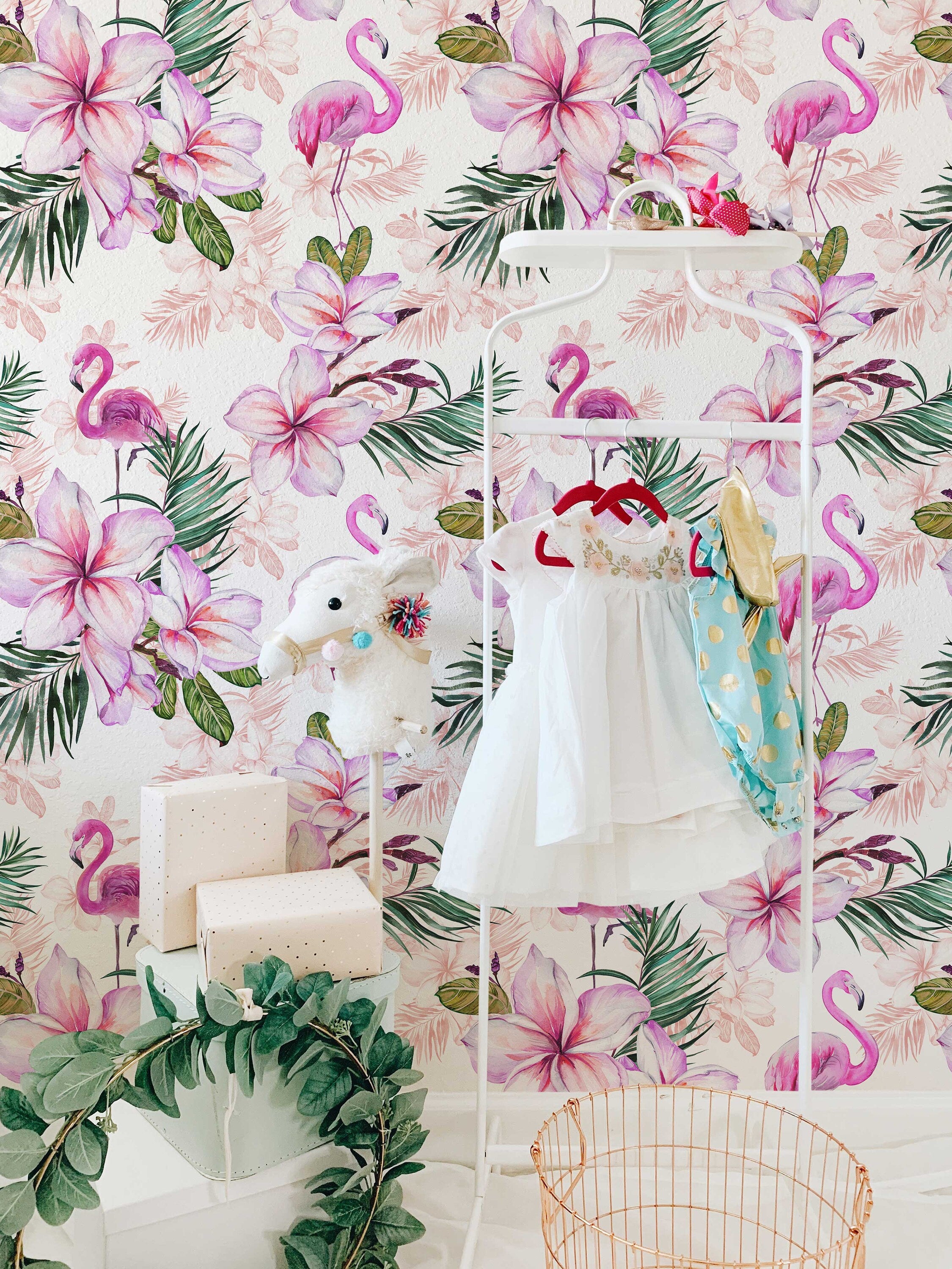 Pink Flamingo Floral Wallpaper | Pink Nursery Peel and Stick Removable Wallpaper | Baby Girl Blushing Pink Flamingo & Floral Décor - Clickwalls