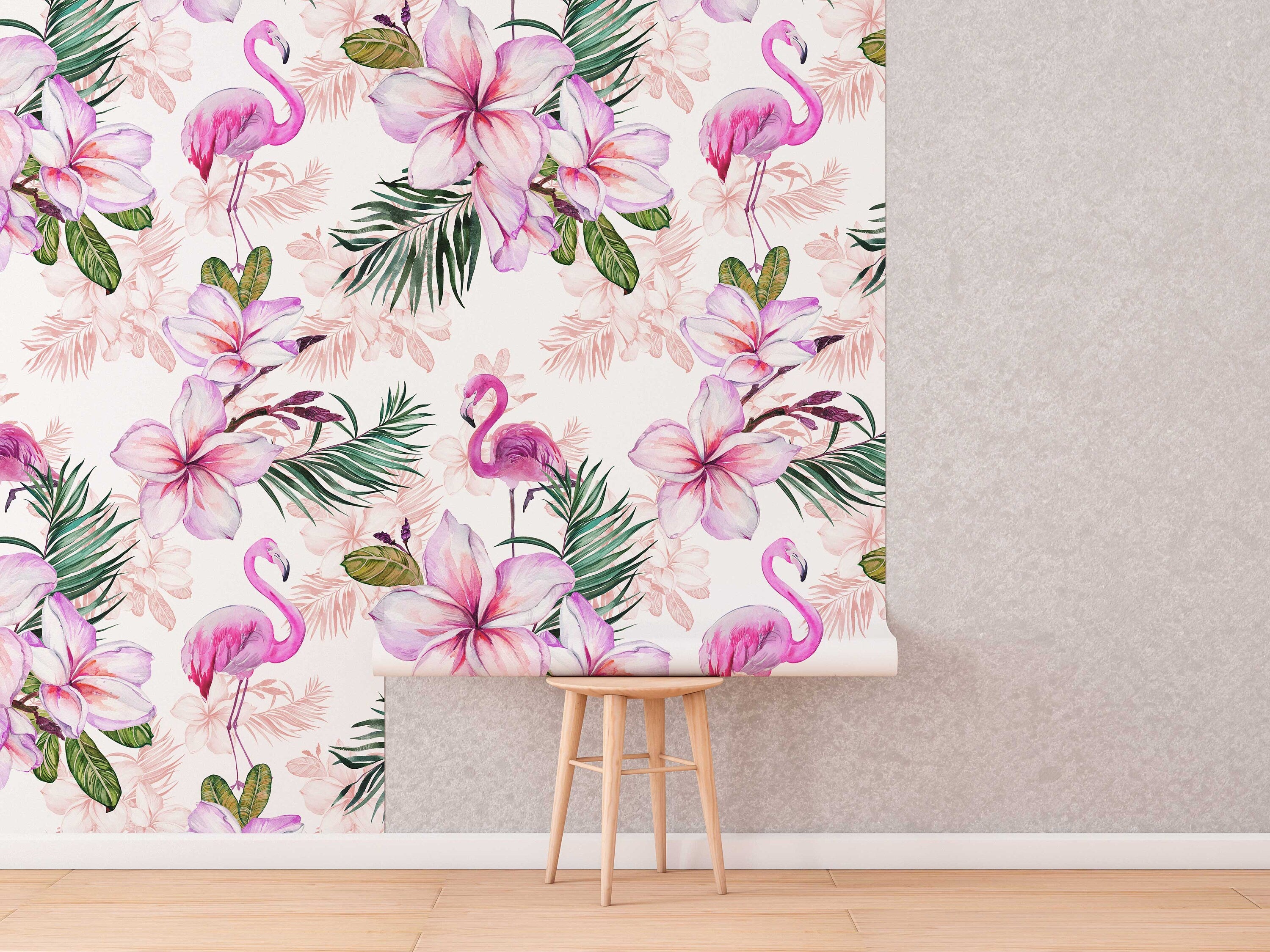Pink Flamingo Floral Wallpaper | Pink Nursery Peel and Stick Removable Wallpaper | Baby Girl Blushing Pink Flamingo & Floral Décor - Clickwalls
