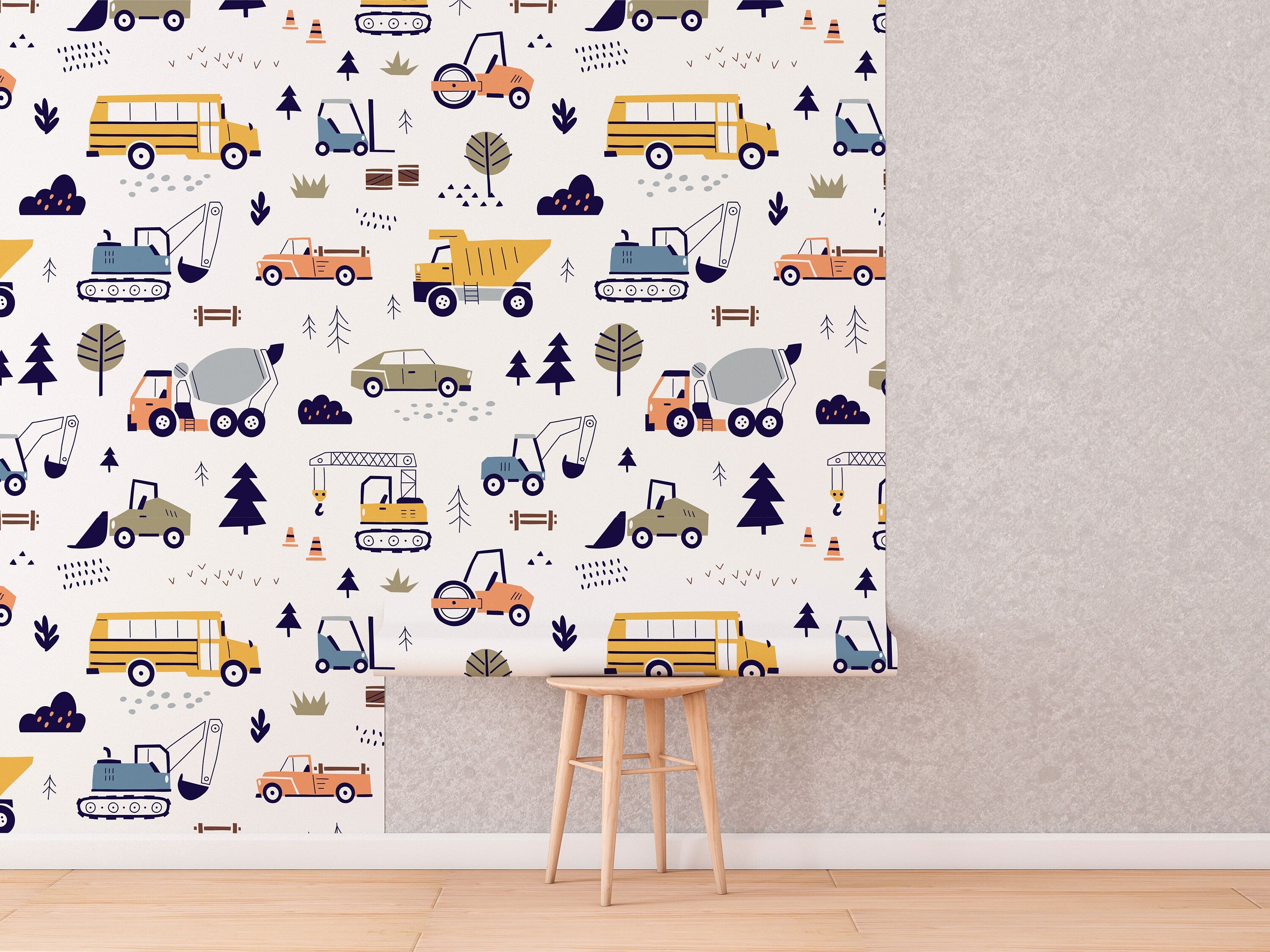 Cars and Trucks Nursery Wallpaper | Boys Wallpaper | Truck Wallpaper | Car Wallpaper | Bus Wallpaper | Wall Art | Peel and Stick - Clickwalls