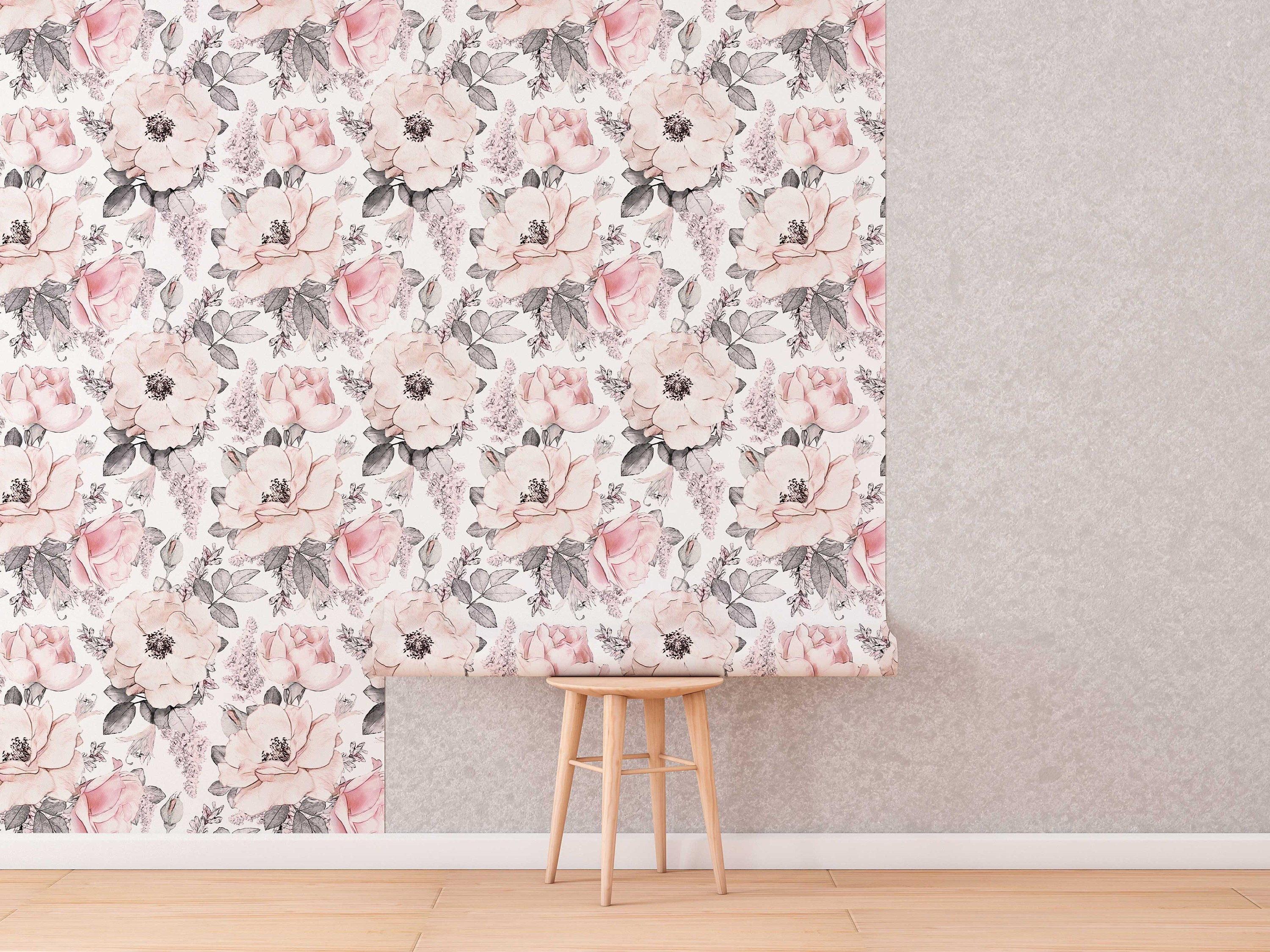 Soft Pink Abstract Roses Wallpaper | Floral Wallpaper Peel and Stick | Removable Wallpaper | Watercolor Wallpaper | Flower Wallpaper Mural - Clickwalls