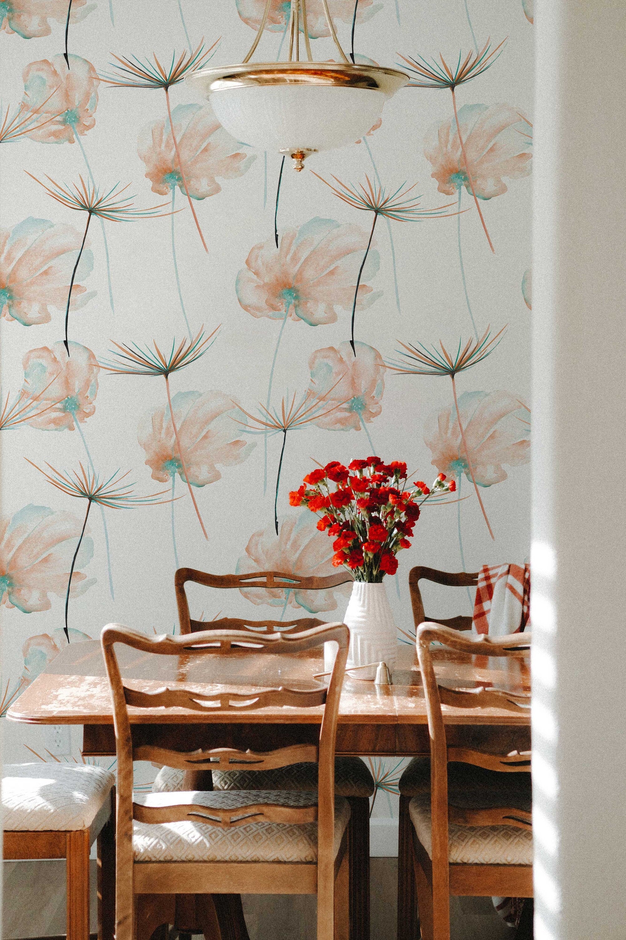 Dandelion Flowers Wallpaper | Custom Color Teal Floral Pattern | Peel and Stick Removable Wallpaper For All Rooms | Self Adhesive Mural - Clickwalls