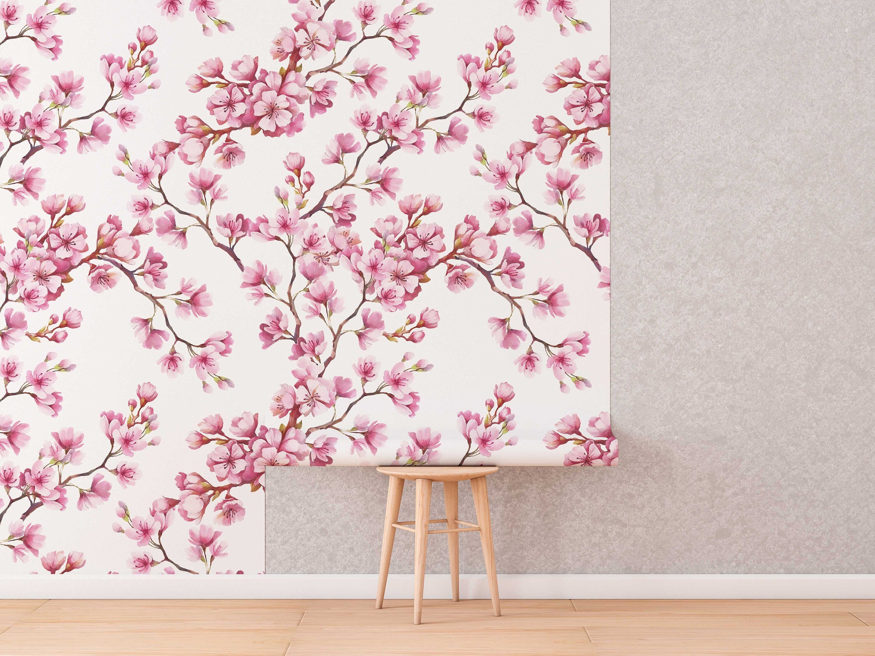 Cherry Blossom Mural | Japanese Sakura Flowers | Blooming in Spring Peel and Stick Wallpaper | Removable Wallpaper Watercolor - Clickwalls