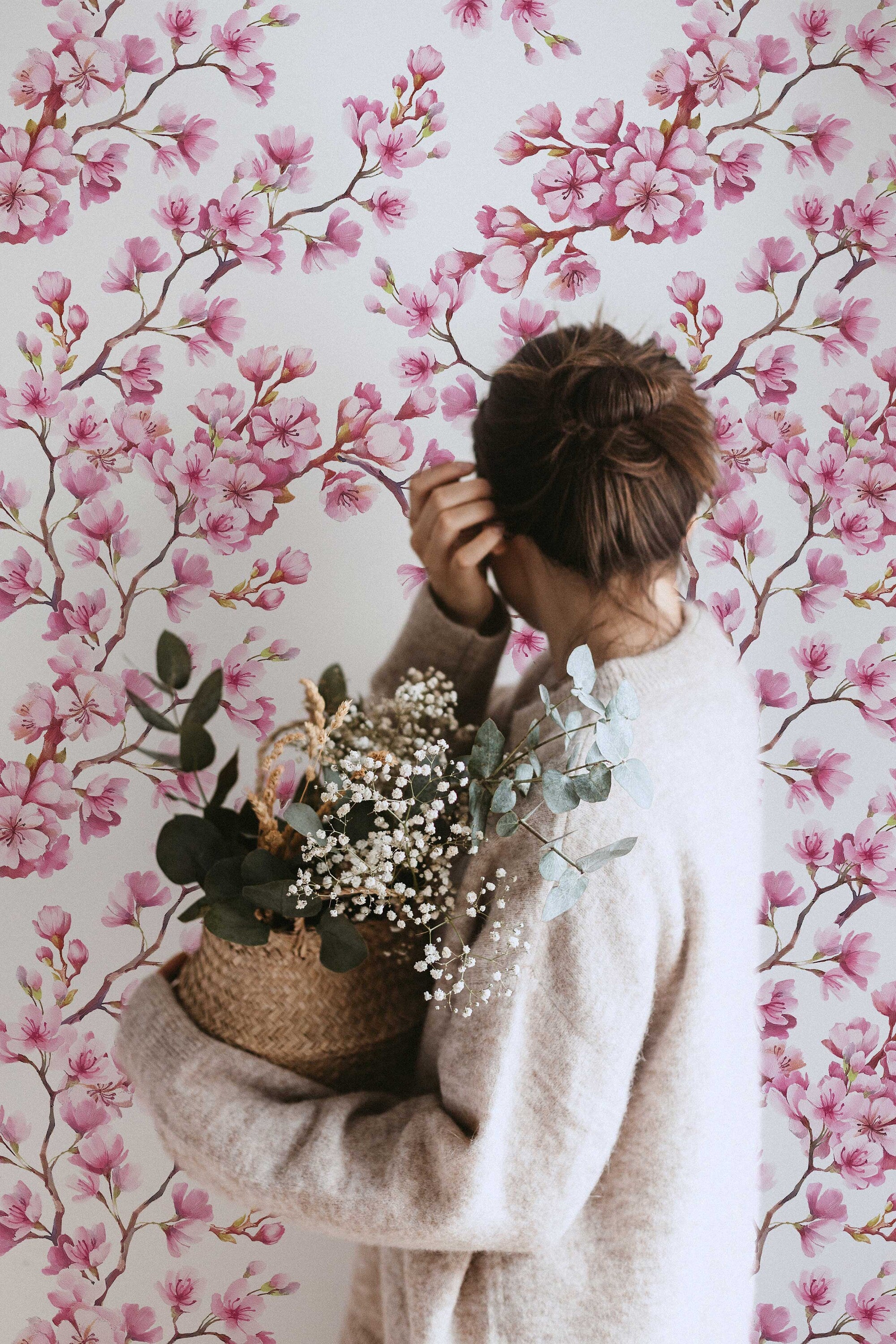 Cherry Blossom Mural | Japanese Sakura Flowers | Blooming in Spring Peel and Stick Wallpaper | Removable Wallpaper Watercolor - Clickwalls