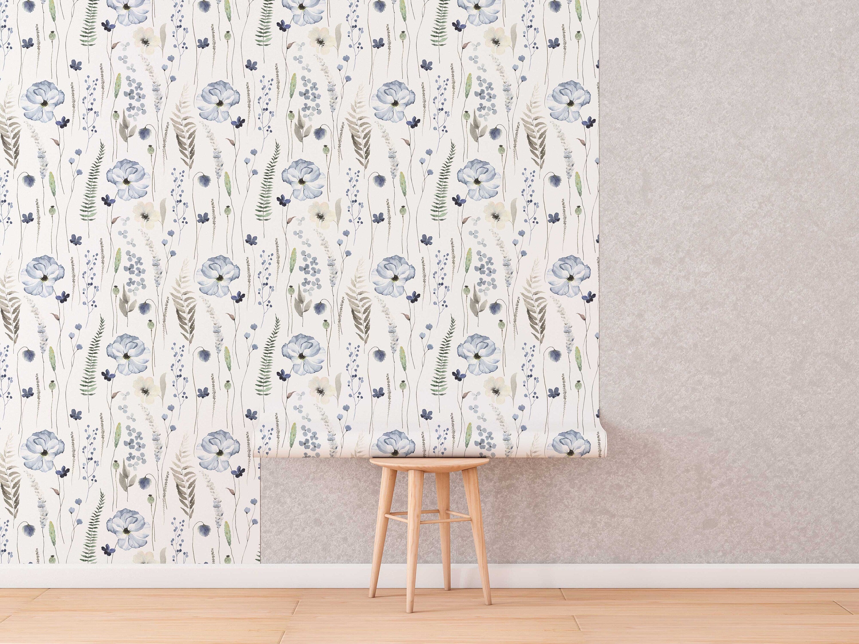 Blue Floral | Whispering Steal Blue Floral Wallpaper | Removable Peel & Stick Self-Adhesive Wallpaper - Clickwalls