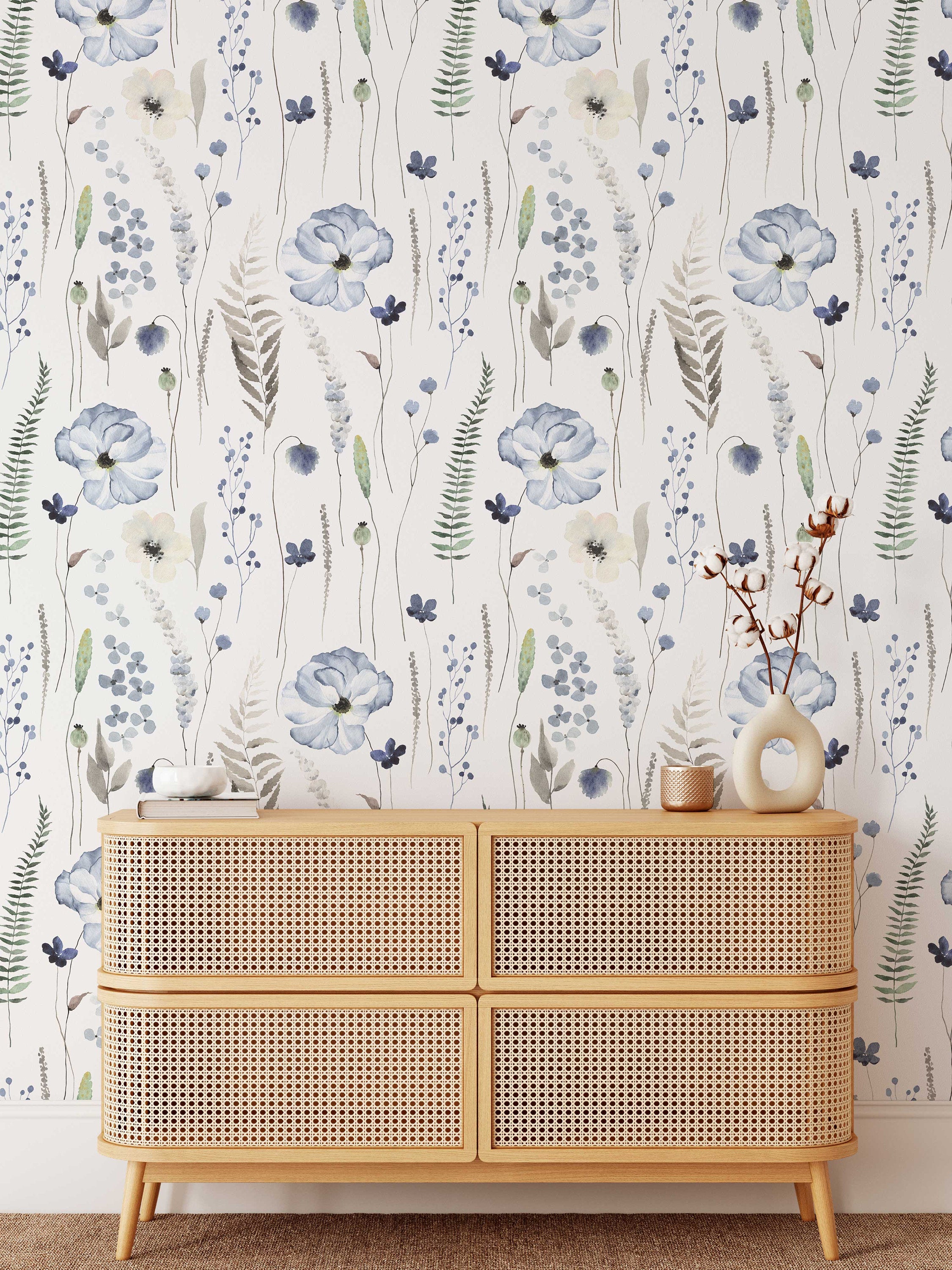 Blue Floral | Whispering Steal Blue Floral Wallpaper | Removable Peel & Stick Self-Adhesive Wallpaper - Clickwalls