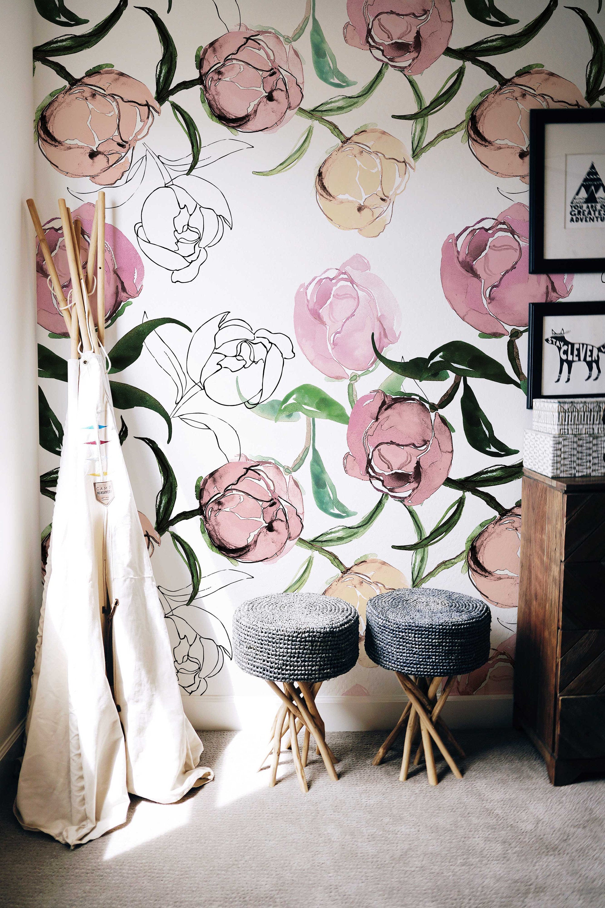 Blooming Peonies Wall Art | Removable Pale Wallpaper | Peony Blush Bouquet | Floral Wall Mural | Painting Wall Sticker | Floral Decal Flower - Clickwalls