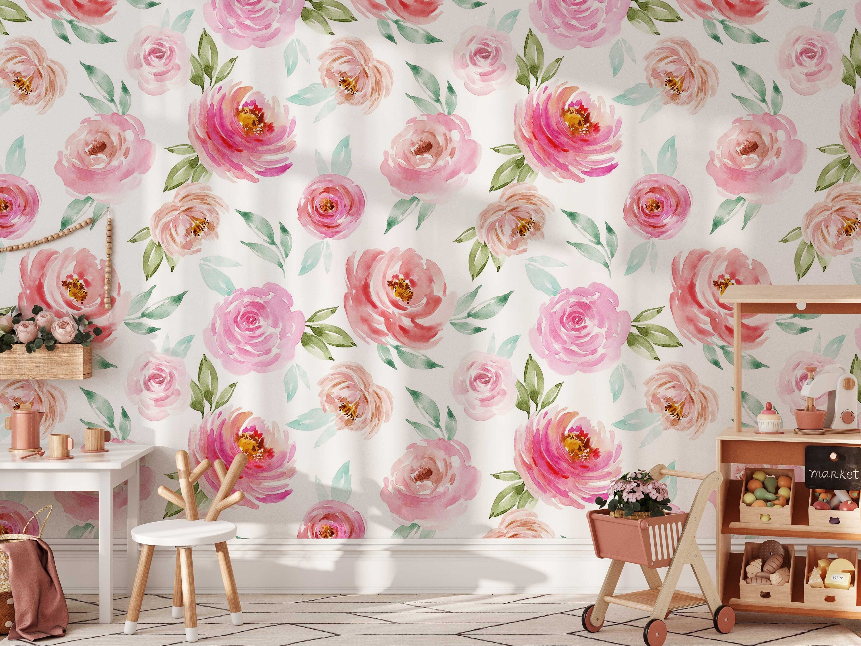 Soft Pink Roses Wallpaper | Floral Wallpaper Peel and Stick | Removable Wallpaper | Watercolor Wallpaper | Flower Wallpaper Mural - Clickwalls