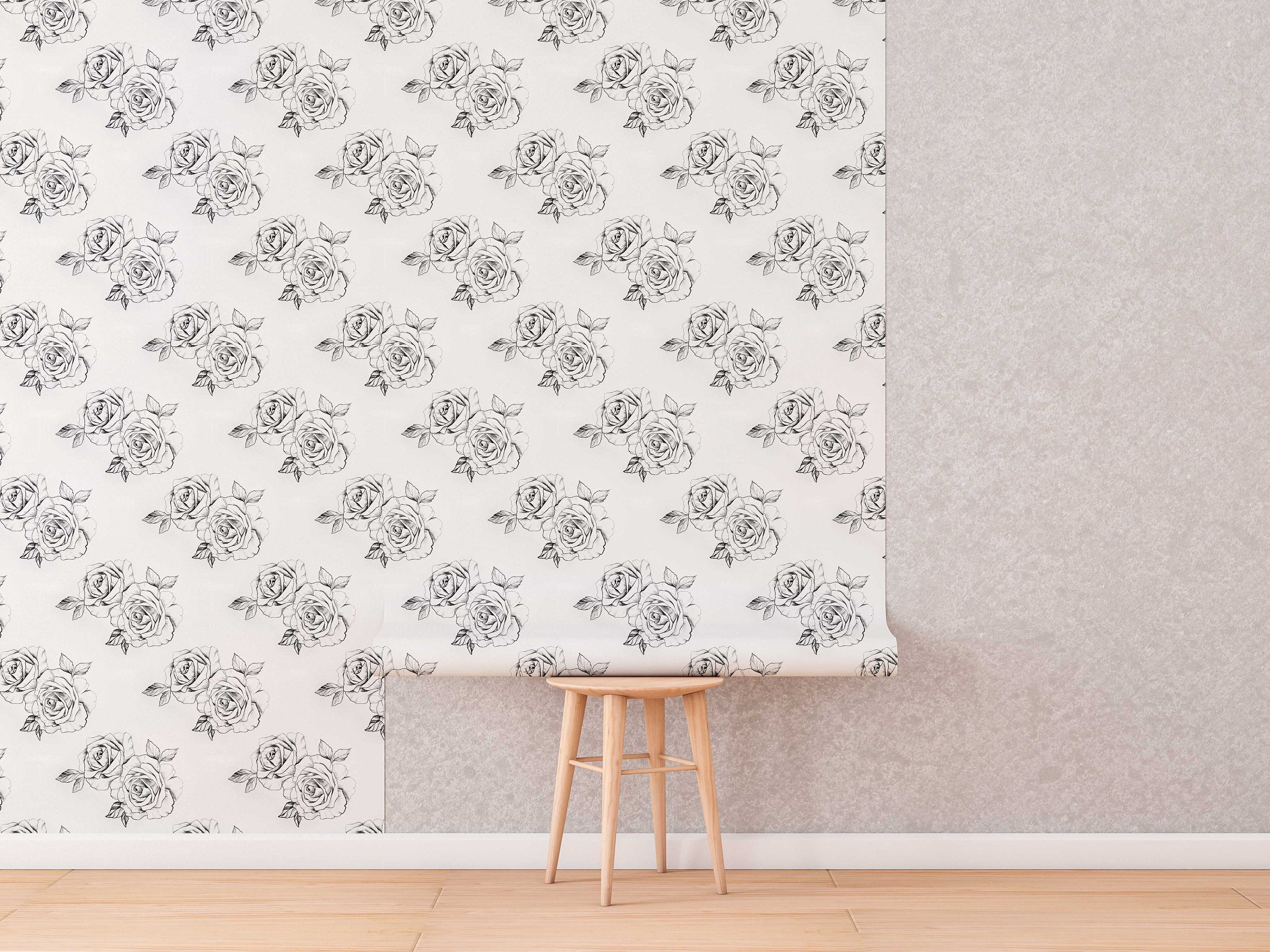 Sketch Rose Peel And Stick Wallpaper | Sketch Floral Self Adhesive Wall Mural | Black and White Roses Wallpaper - Clickwalls