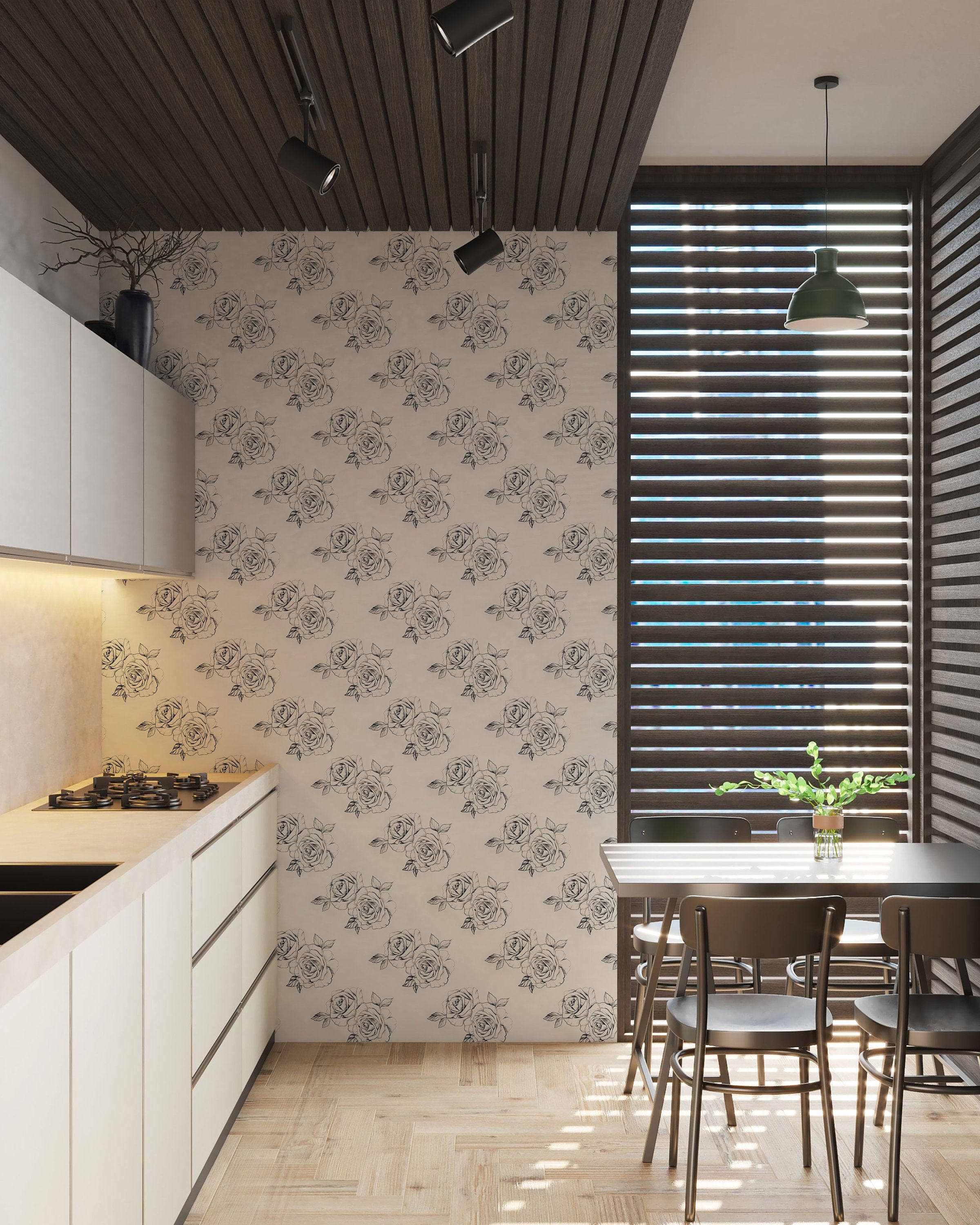 Sketch Rose Peel And Stick Wallpaper | Sketch Floral Self Adhesive Wall Mural | Black and White Roses Wallpaper - Clickwalls