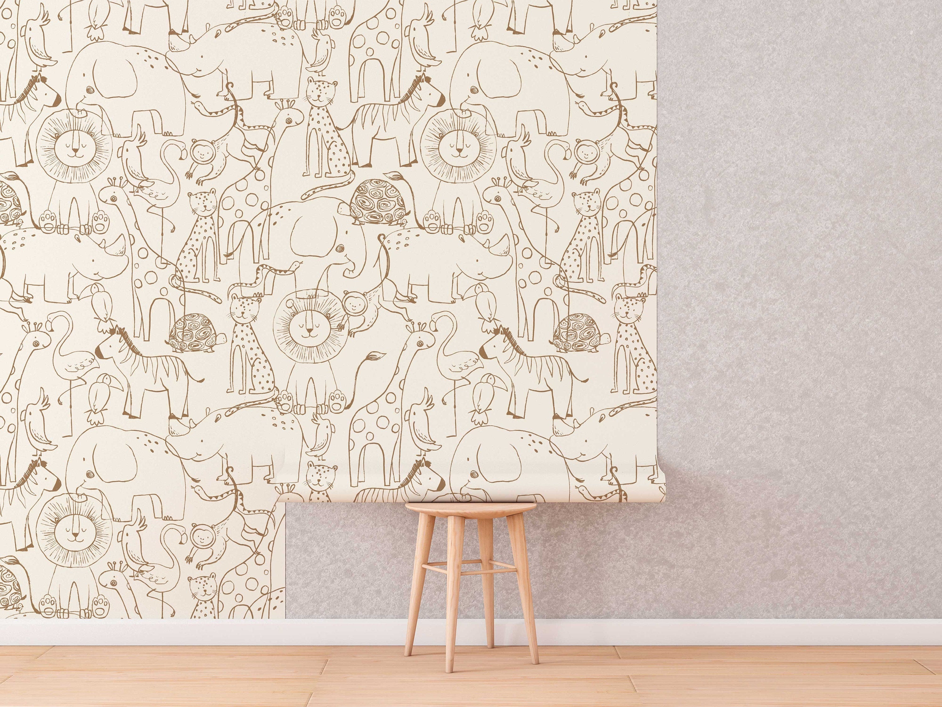 Cute Hand Drawing Safari Animals Wallpaper, Monochrome Animals Kids Wall Mural, Nursery Cartoon Animals Wallpaper, Peel and Stick, Removable - Clickwalls