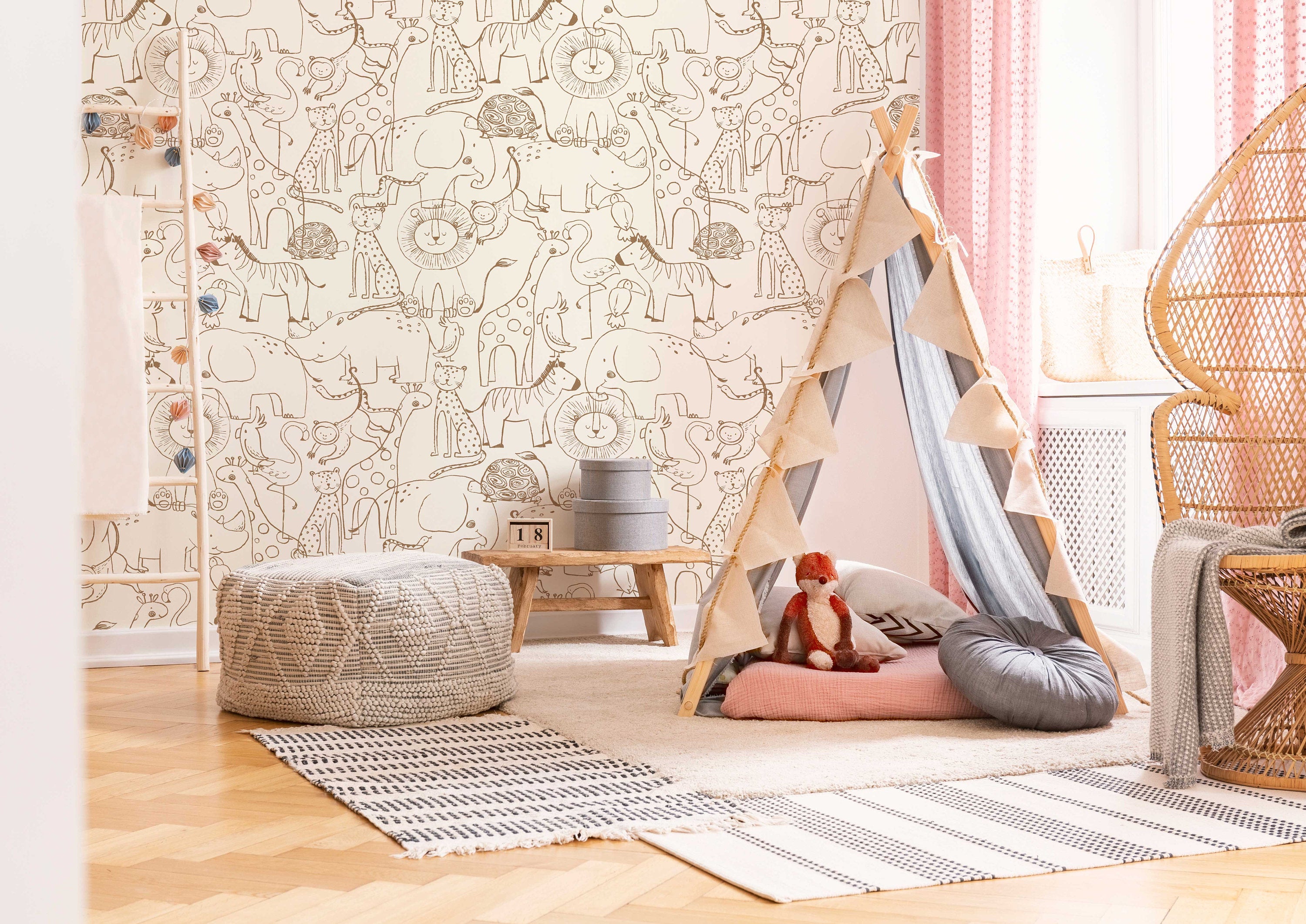 Cute Hand Drawing Safari Animals Wallpaper, Monochrome Animals Kids Wall Mural, Nursery Cartoon Animals Wallpaper, Peel and Stick, Removable - Clickwalls