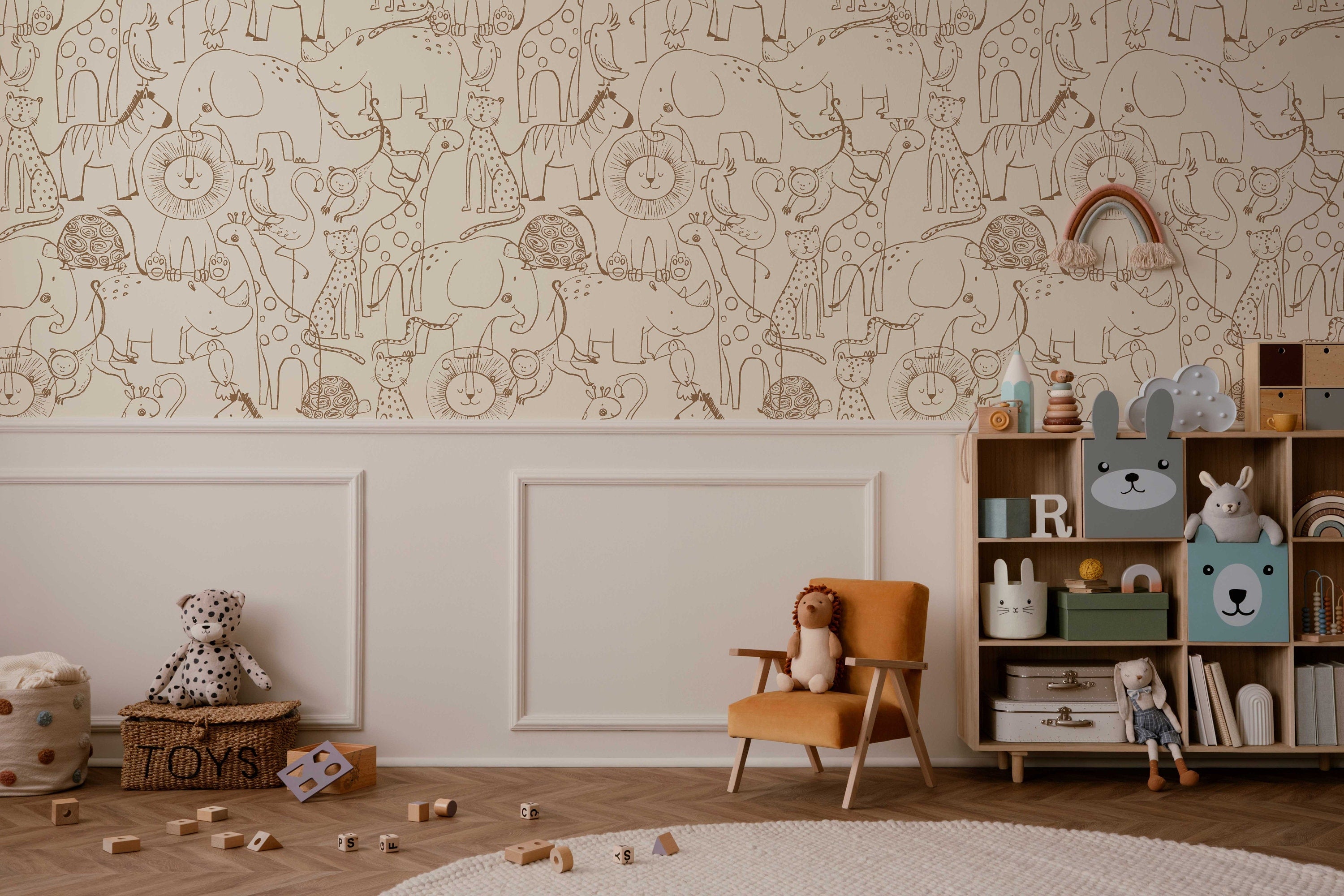 Cute Hand Drawing Safari Animals Wallpaper, Monochrome Animals Kids Wall Mural, Nursery Cartoon Animals Wallpaper, Peel and Stick, Removable - Clickwalls