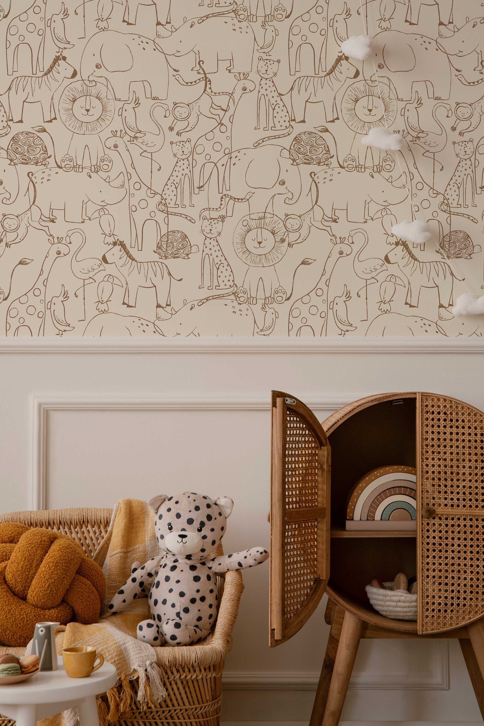 Cute Hand Drawing Safari Animals Wallpaper, Monochrome Animals Kids Wall Mural, Nursery Cartoon Animals Wallpaper, Peel and Stick, Removable - Clickwalls