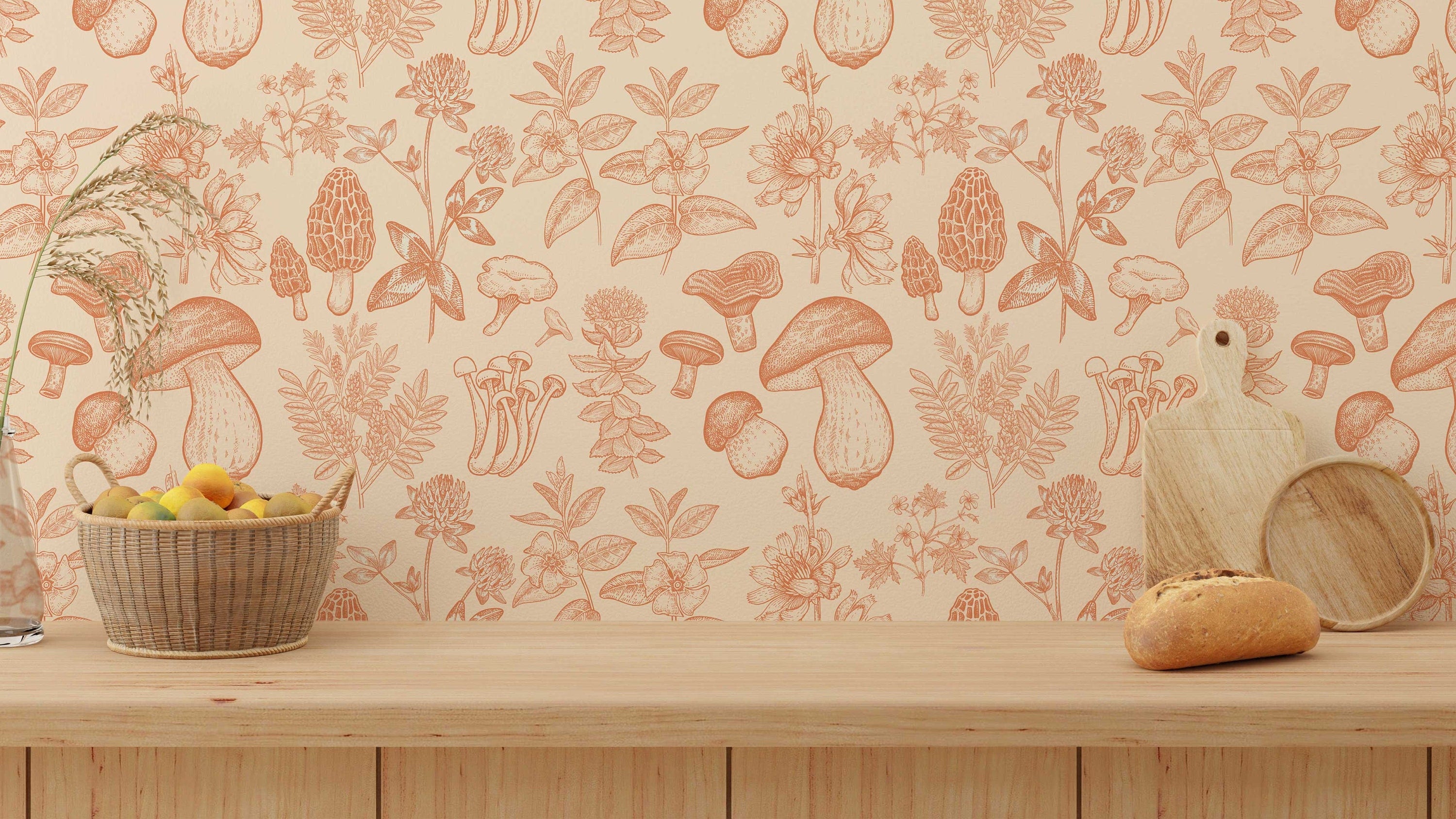 Mushroom Wallpaper | Orange Wallpaper | Mid Century Modern Wallpaper | Kids Mushroom Peel and Stick Wallpaper | Vintage Wallpaper - Clickwalls