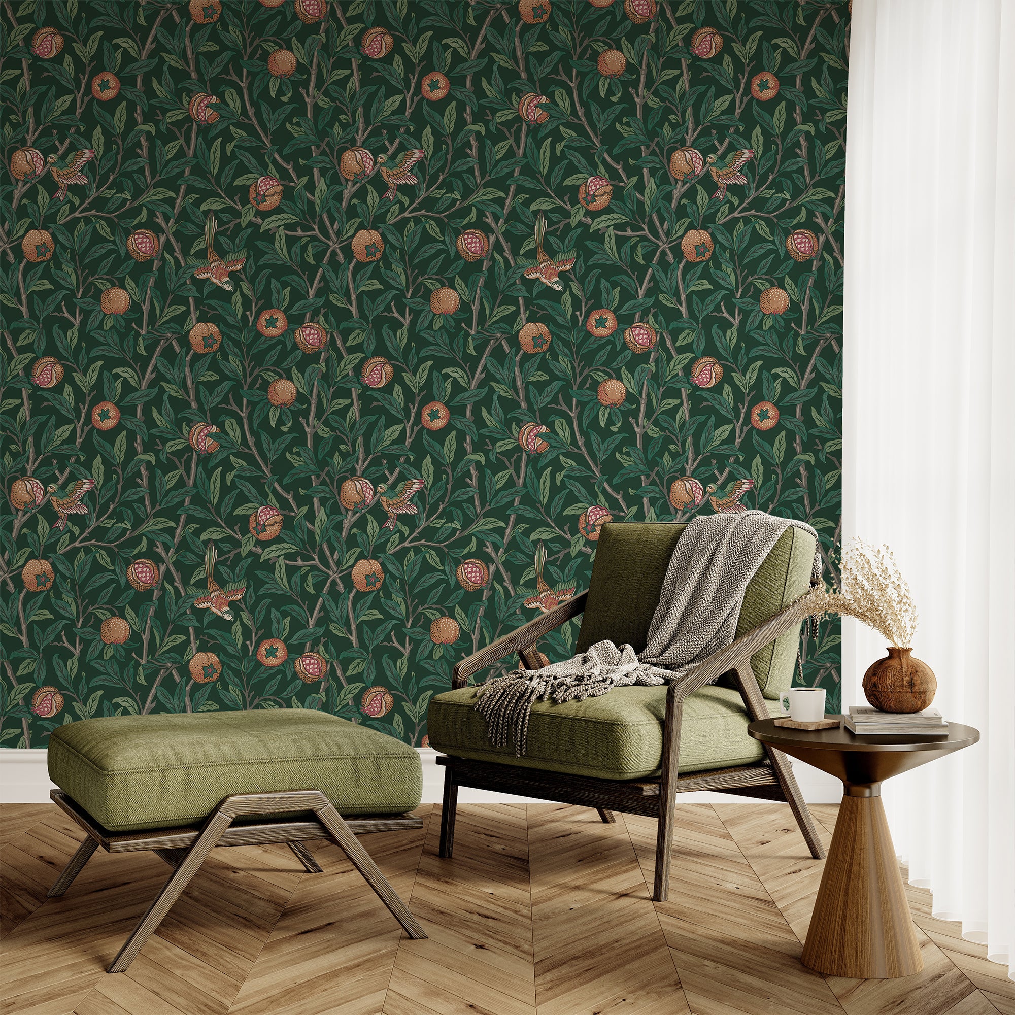Bird & Pomegranate by William Morris Wallpaper - Deep Green Peel and Stick Botanical Mural - Clickwalls