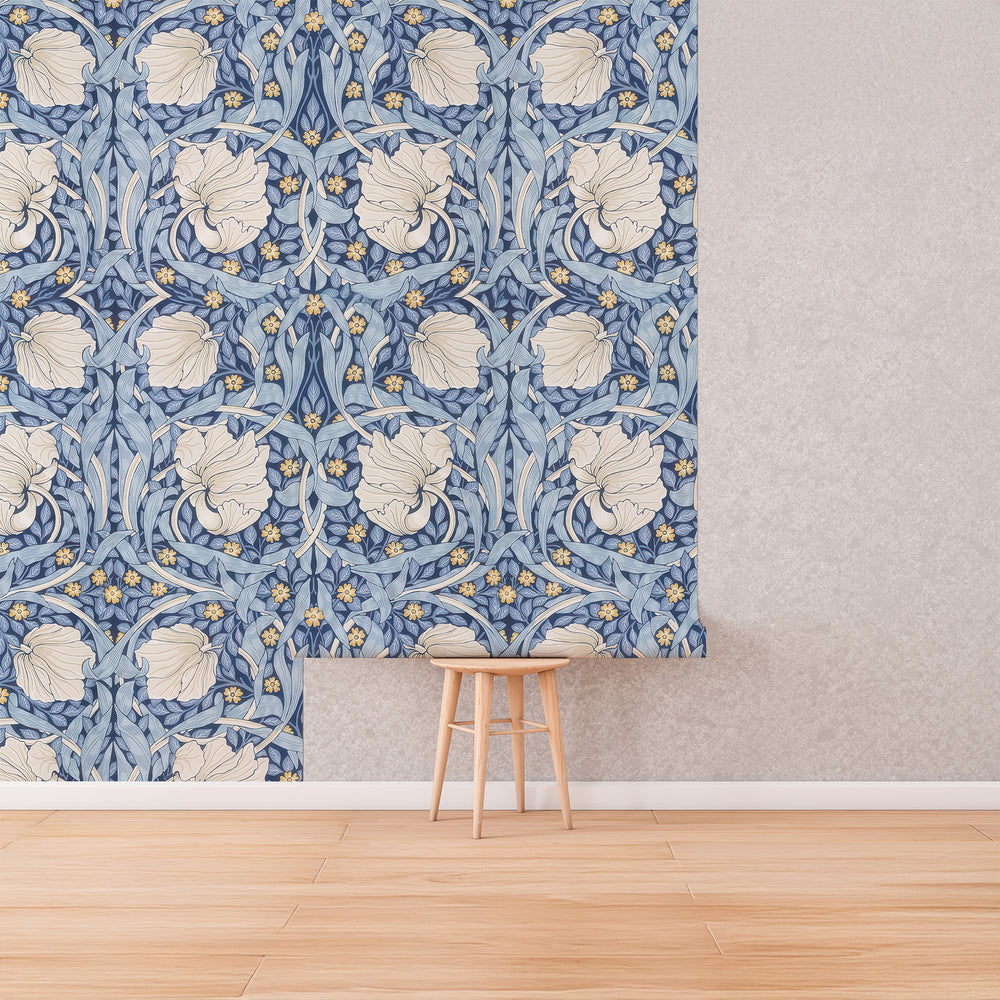 Blue Pimpernel by William Morris Wallpaper - Blue & Oatmeal Floral Peel and Stick Mural - Clickwalls