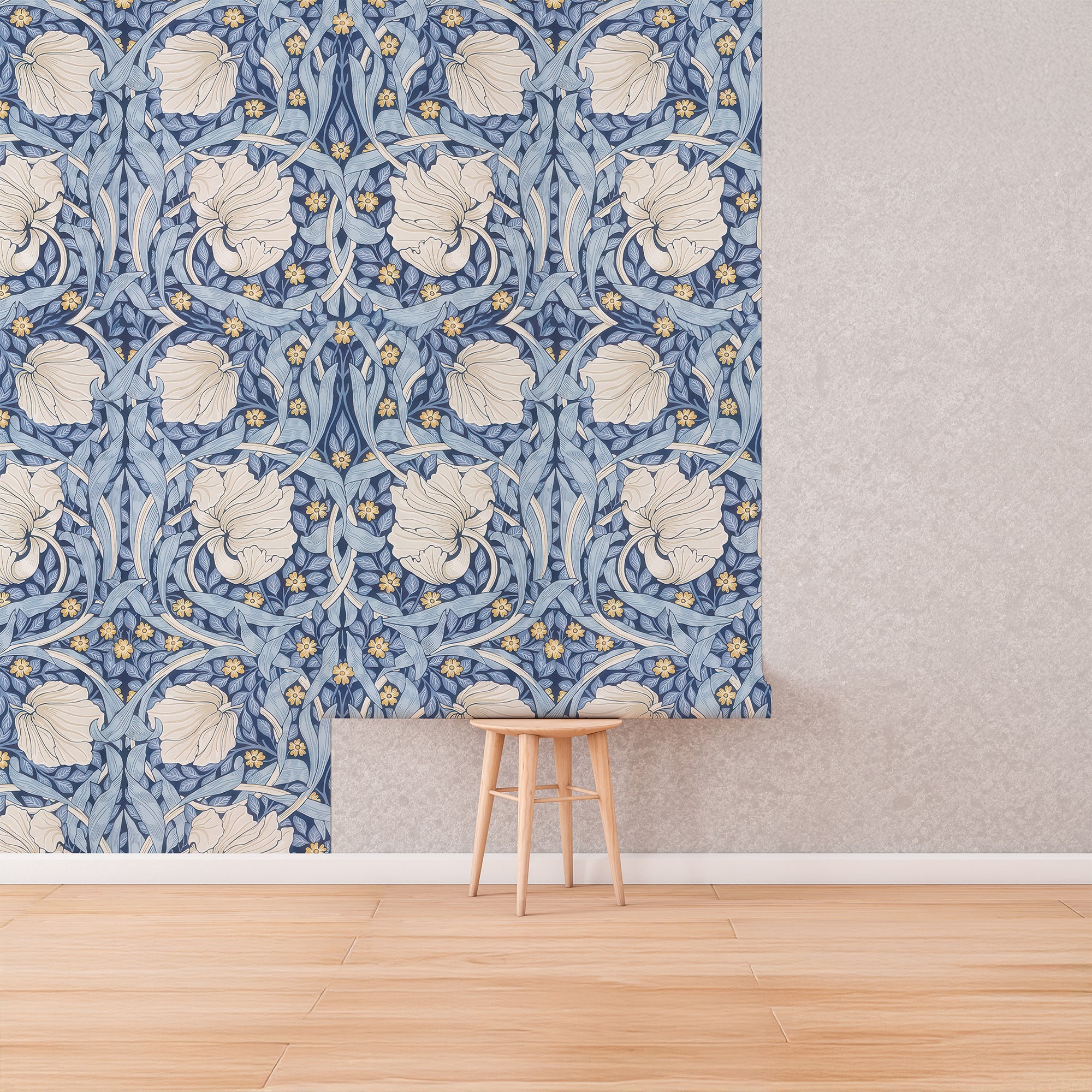 Blue Pimpernel by William Morris Wallpaper - Blue & Oatmeal Floral Peel and Stick Mural - Clickwalls