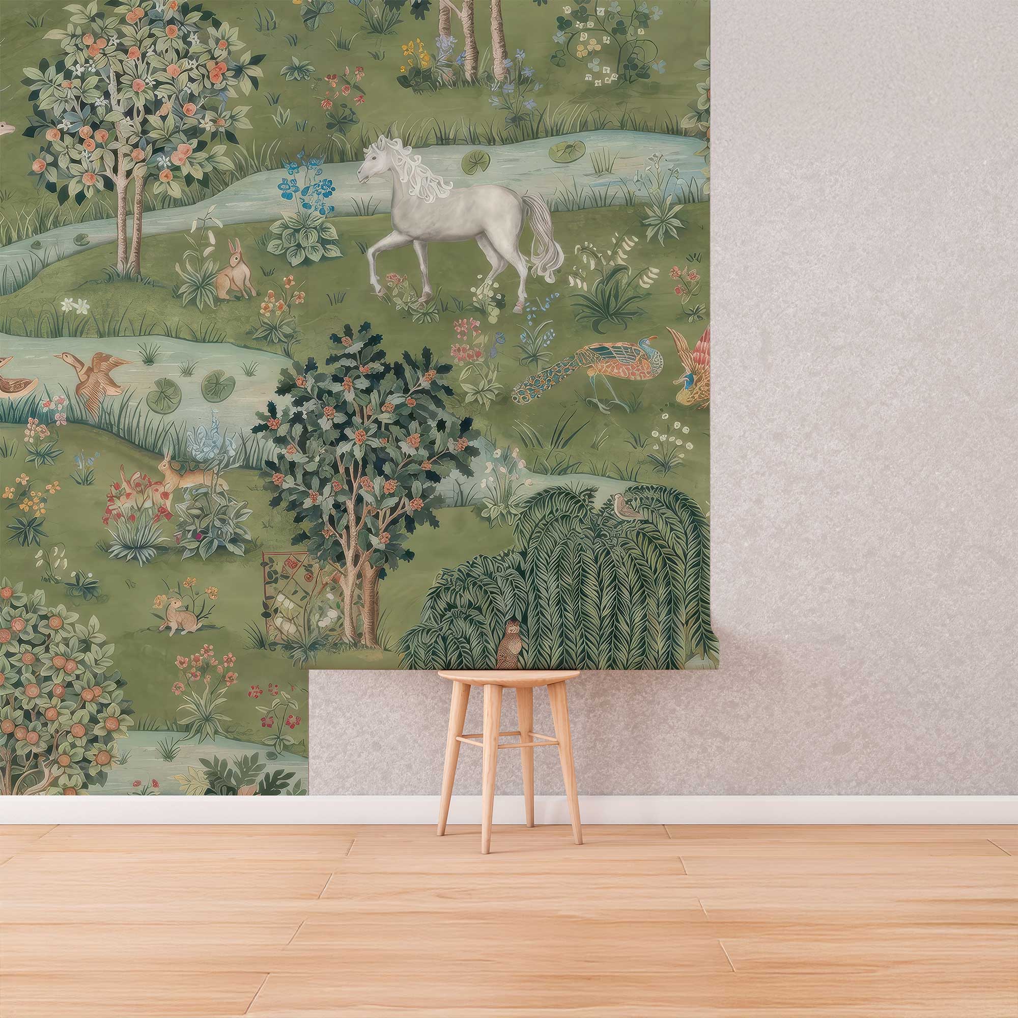 Owl & Willow by William Morris Wallpaper - Green Enchanted Forest Peel and Stick Mural - Clickwalls