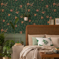 Bird & Pomegranate by William Morris Wallpaper - Deep Green Peel and Stick Botanical Mural - Clickwalls