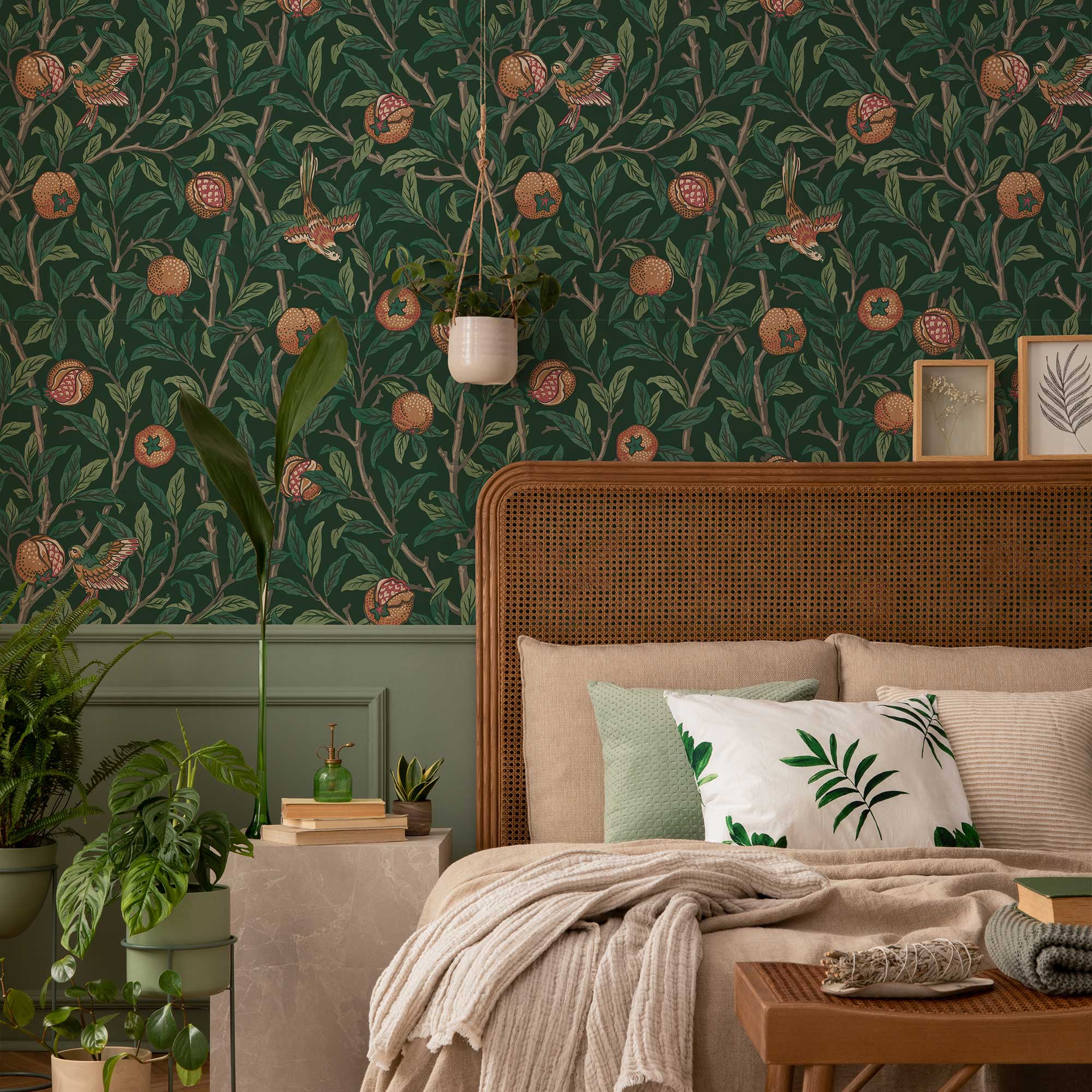 Bird & Pomegranate by William Morris Wallpaper - Deep Green Peel and Stick Botanical Mural - Clickwalls