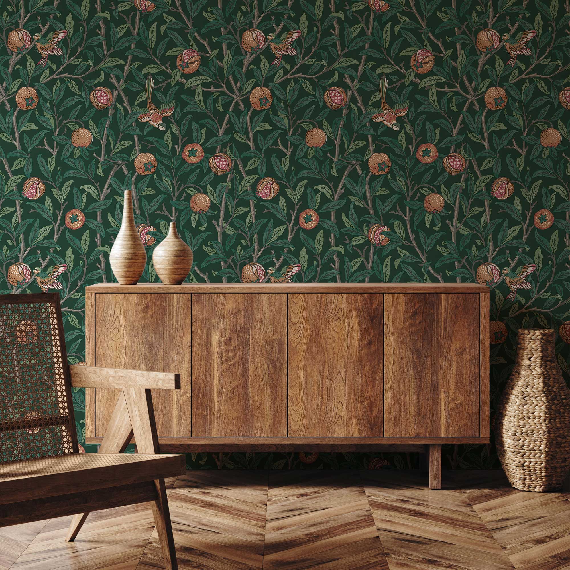 Bird & Pomegranate by William Morris Wallpaper - Deep Green Peel and Stick Botanical Mural - Clickwalls