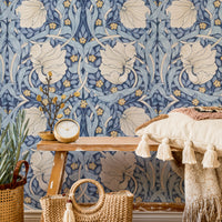 Blue Pimpernel by William Morris Wallpaper - Blue & Oatmeal Floral Peel and Stick Mural - Clickwalls