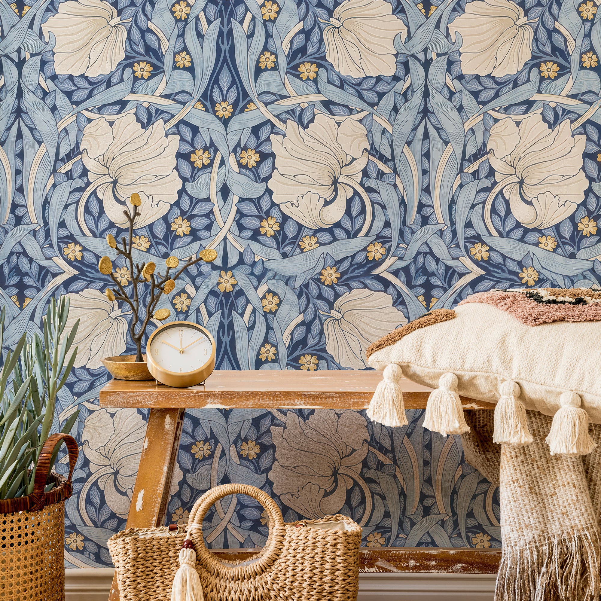 Blue Pimpernel by William Morris Wallpaper - Blue & Oatmeal Floral Peel and Stick Mural - Clickwalls