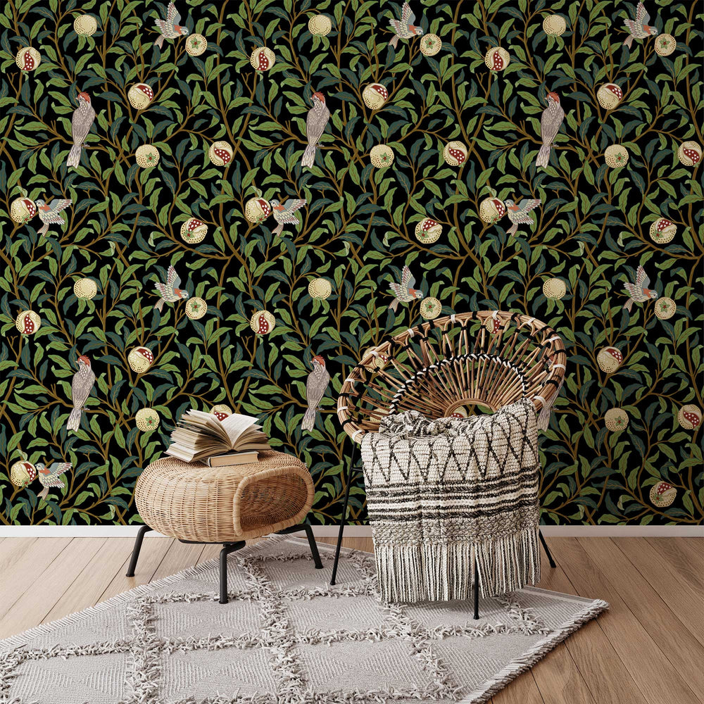 Bird & Pomegranate by William Morris Wallpaper - Vintage Botanical Peel and Stick Mural - Clickwalls