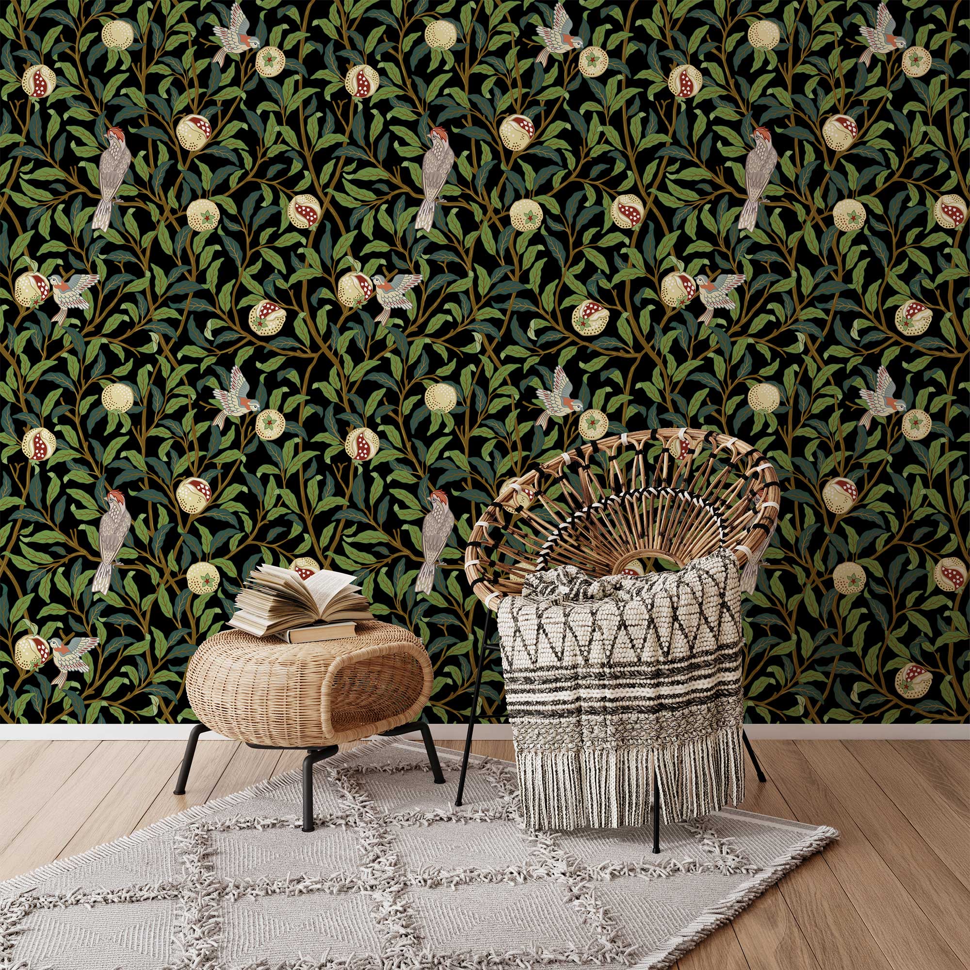 Bird & Pomegranate by William Morris Wallpaper - Vintage Botanical Peel and Stick Mural - Clickwalls