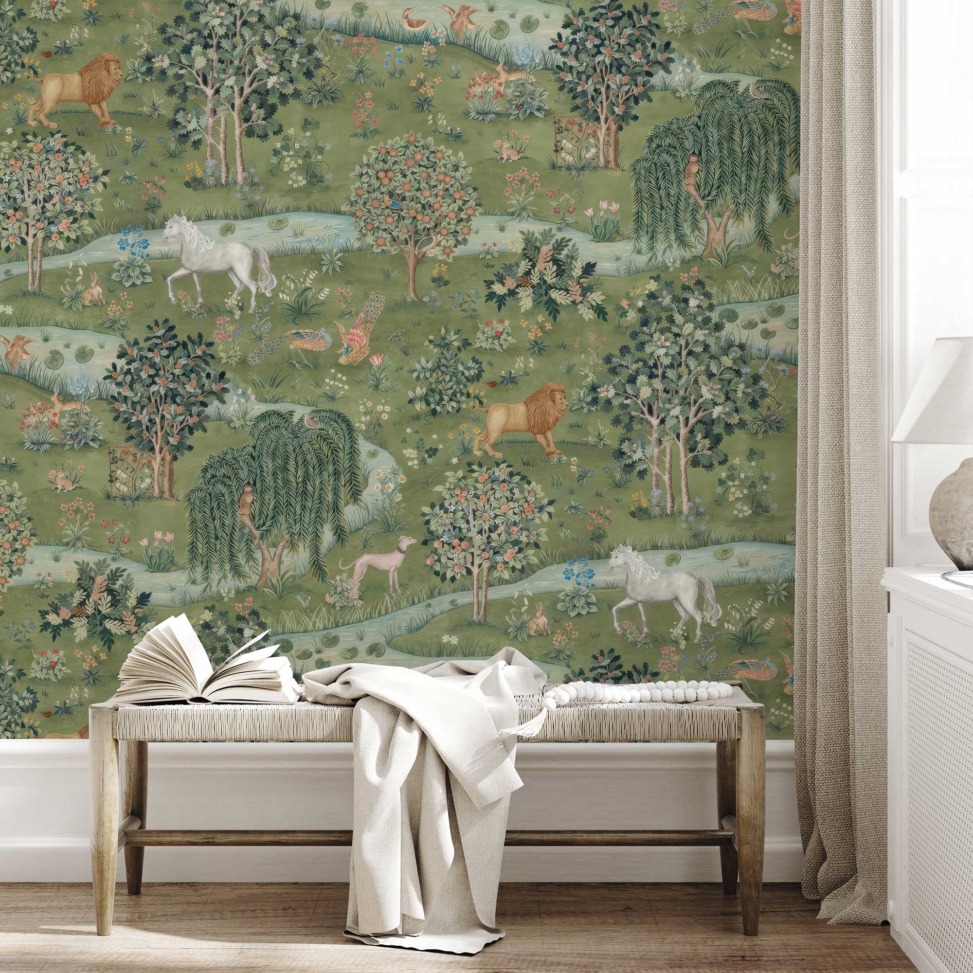Owl & Willow by William Morris Wallpaper - Green Enchanted Forest Peel and Stick Mural - Clickwalls
