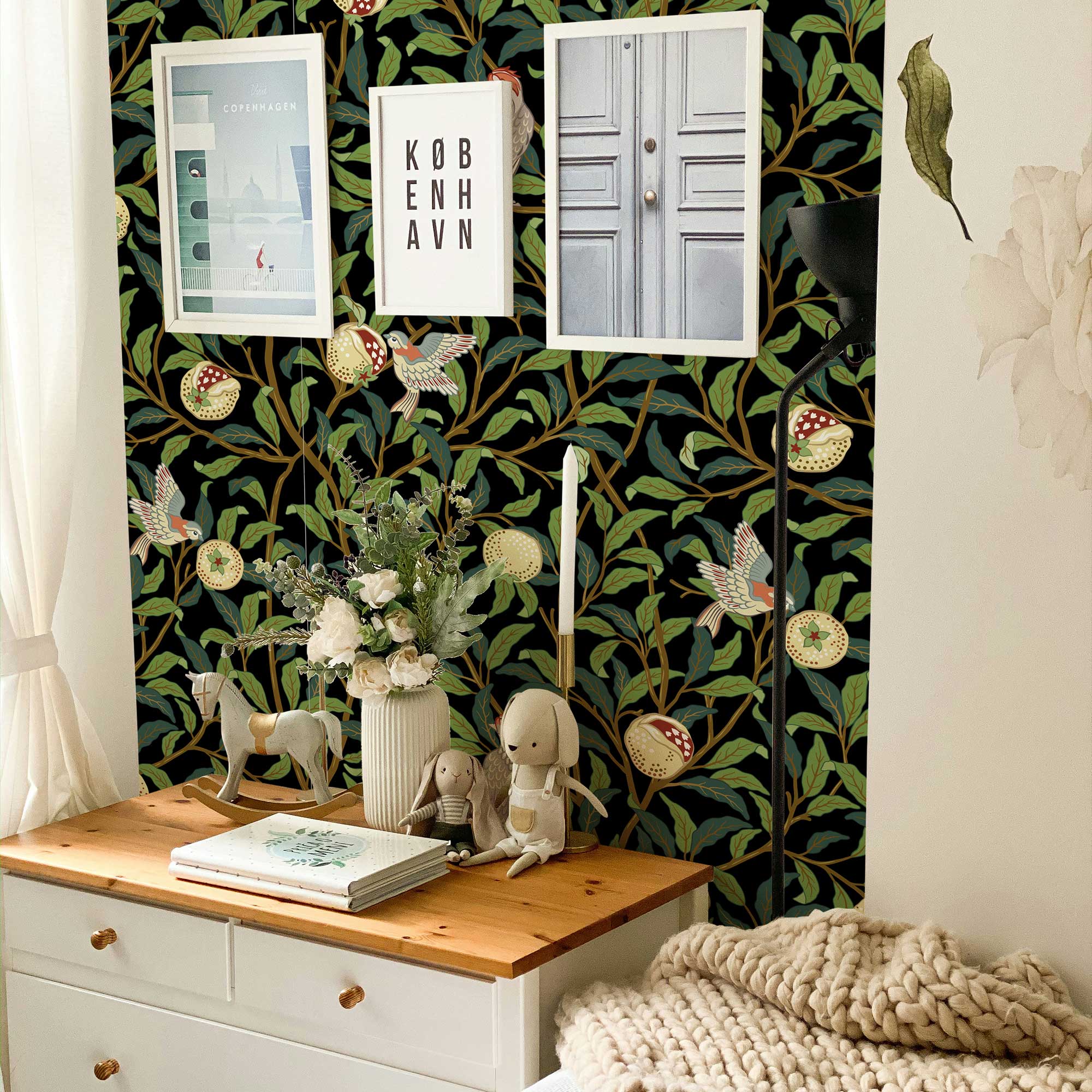 Bird & Pomegranate by William Morris Wallpaper - Vintage Botanical Peel and Stick Mural - Clickwalls
