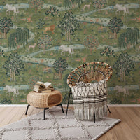 Owl & Willow by William Morris Wallpaper - Green Enchanted Forest Peel and Stick Mural - Clickwalls