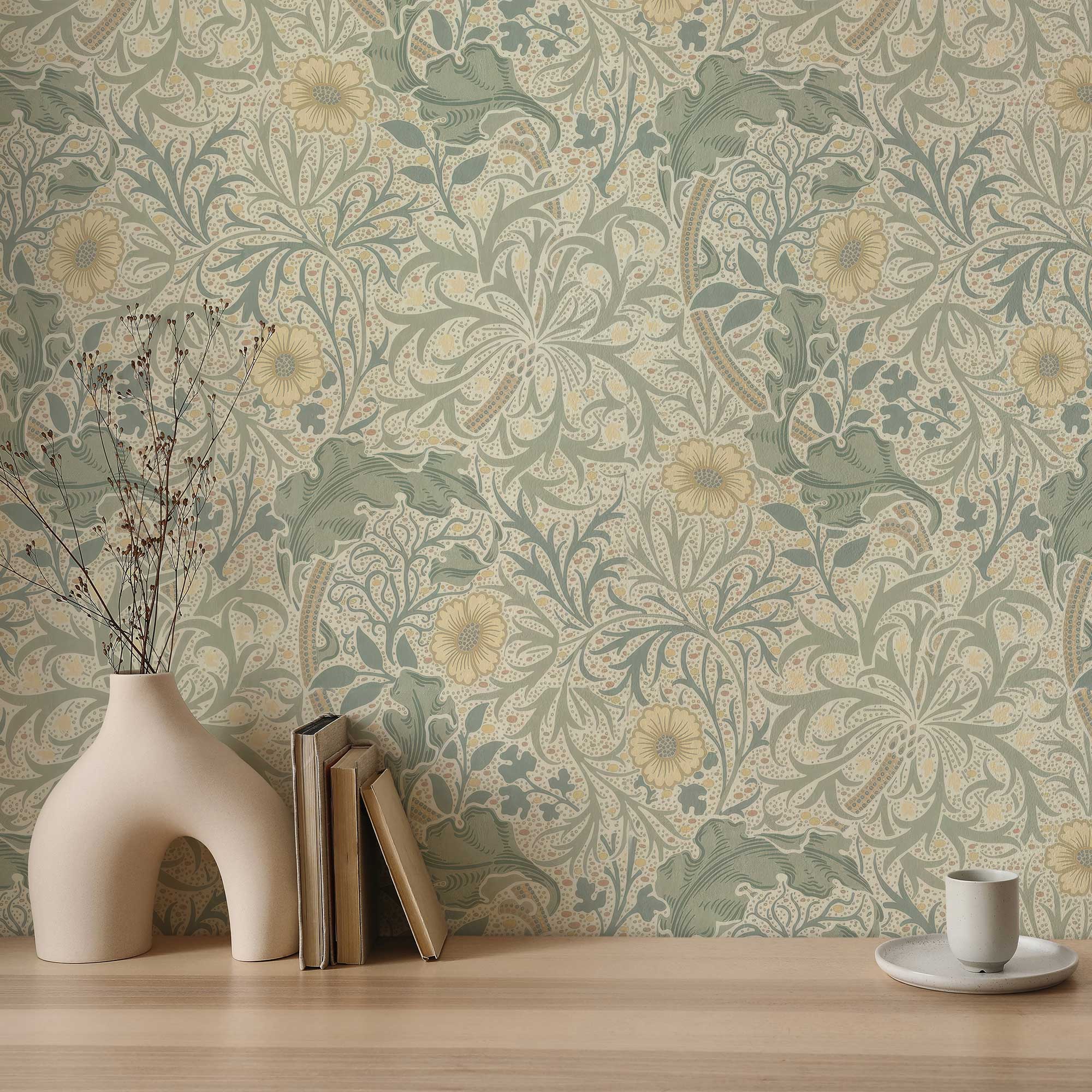 Seaweed by William Morris Wallpaper - Privet Green & Marigold Peel and Stick Mural - Clickwalls