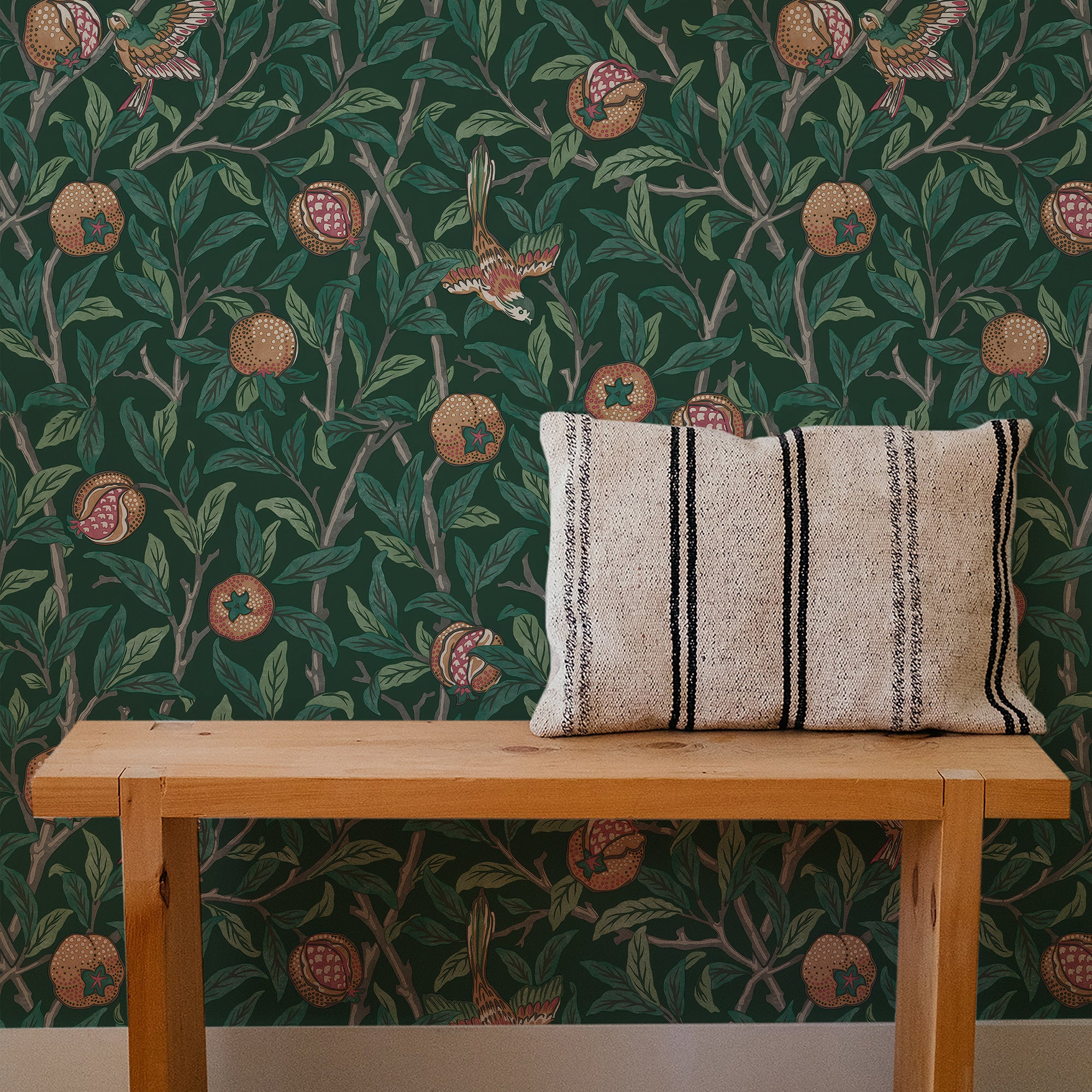 Bird & Pomegranate by William Morris Wallpaper - Deep Green Peel and Stick Botanical Mural - Clickwalls