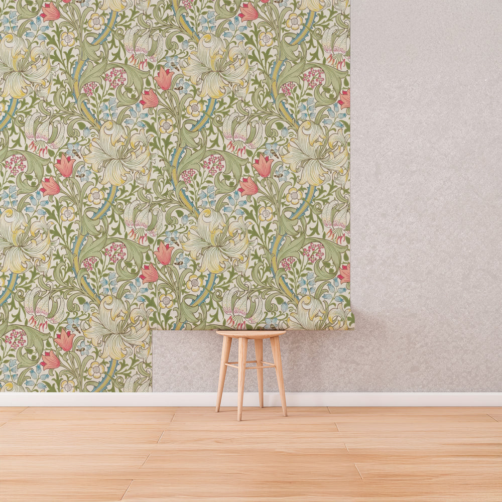 Golden Lily by William Morris Wallpaper - Navy & Gold Peel and Stick Botanical Mural - Clickwalls